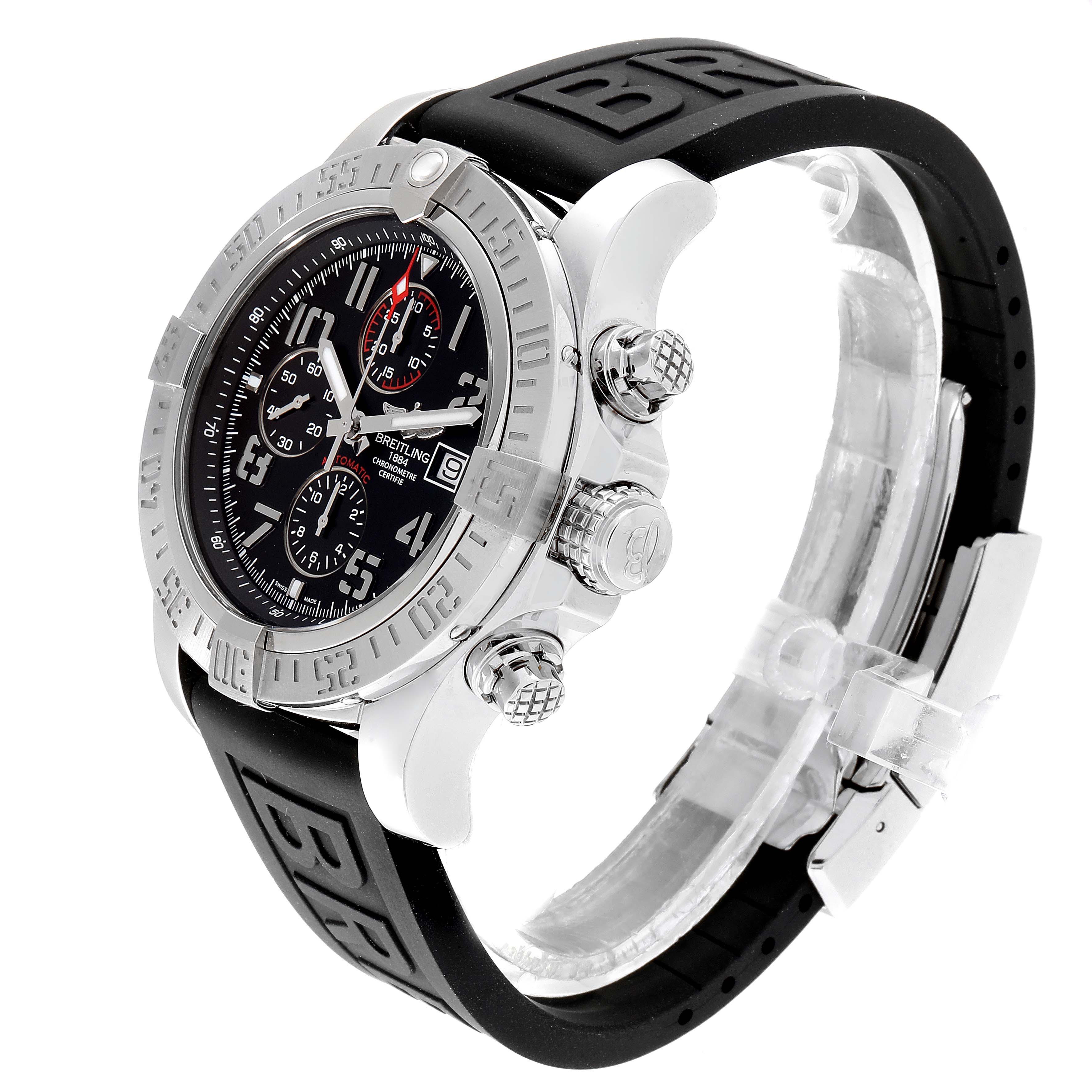 This Breitling Avenger A13371 Men
s Stainless Steel Black Dial A13371 Men
s Stainless Steel Black Dial watch is shown at a three-quarter angle, displaying its face, bezel, pushers, crown, and rubber strap.
