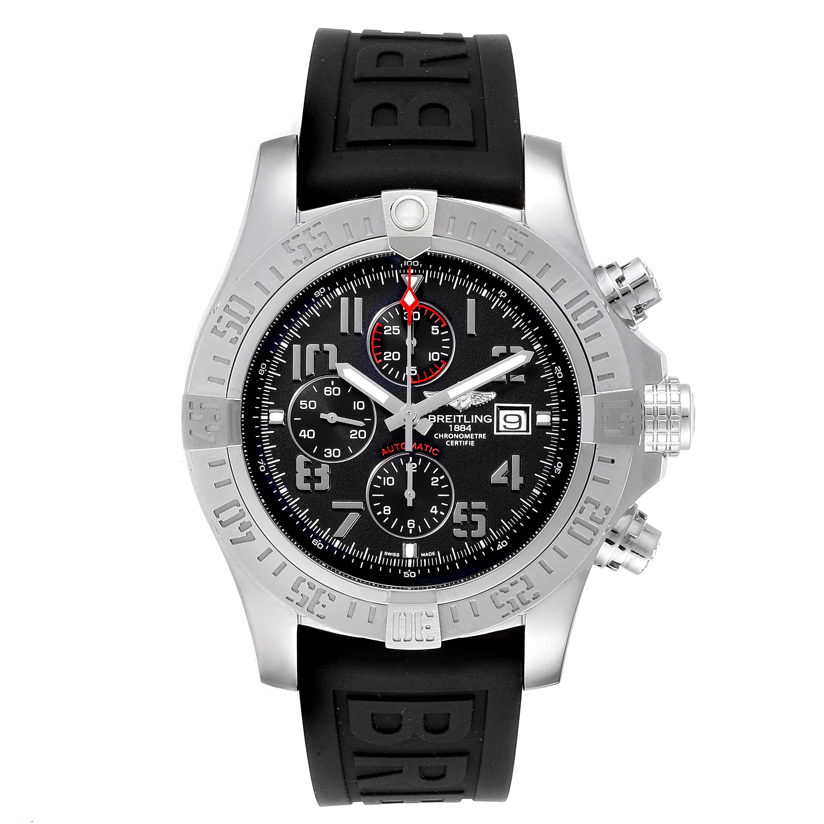 The image shows a front view of the Breitling Avenger A13371 Men
s Stainless Steel Black Dial A13371 Men
s Stainless Steel Black Dial watch, highlighting its black strap, chronograph dials, and date display.