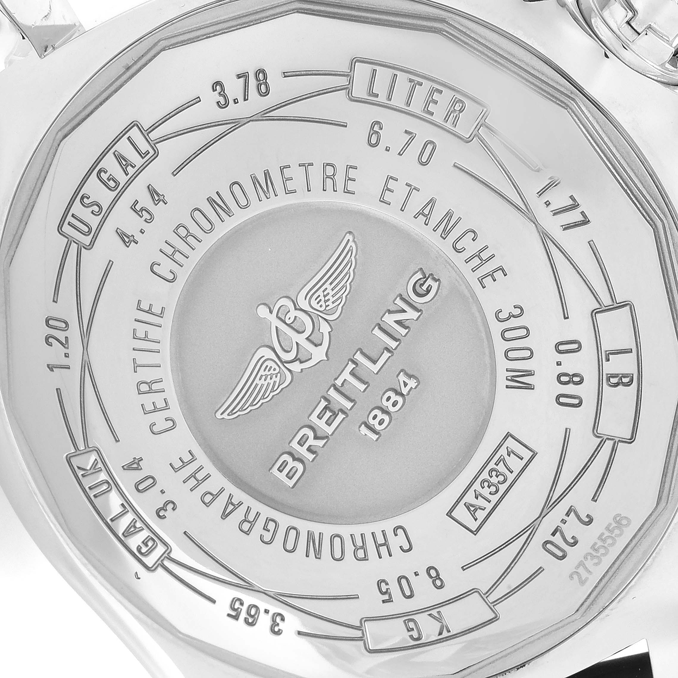 This image shows the back case of a Breitling Avenger A13371 Men
s Stainless Steel Black Dial A13371 Men
s Stainless Steel Black Dial watch, displaying various unit conversions and the brand
s logo.