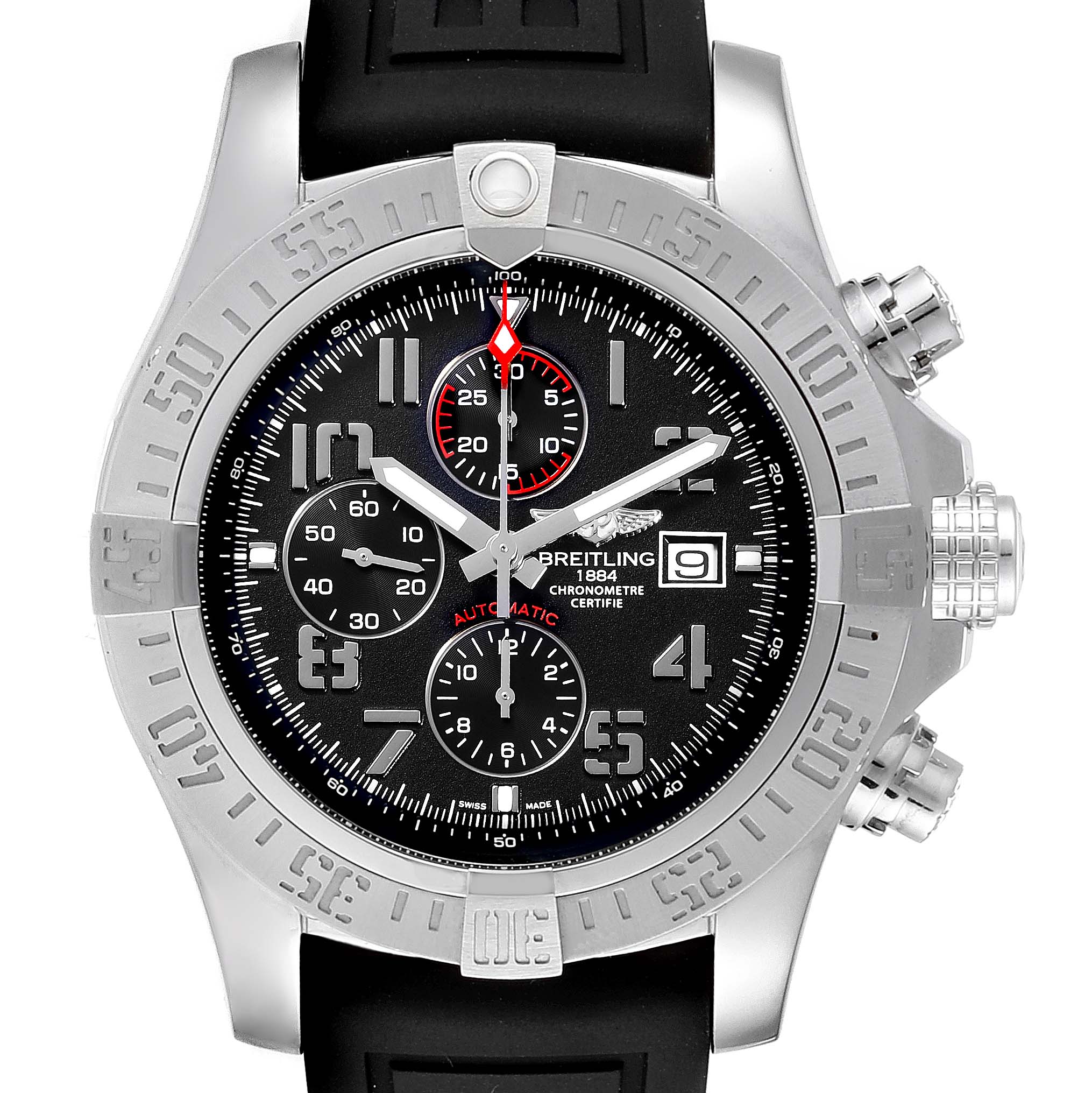 This image shows the face and bezel of a Breitling Avenger A13371 Men
s Stainless Steel Black Dial A13371 Men
s Stainless Steel Black Dial watch, including its chronograph subdials and date window.