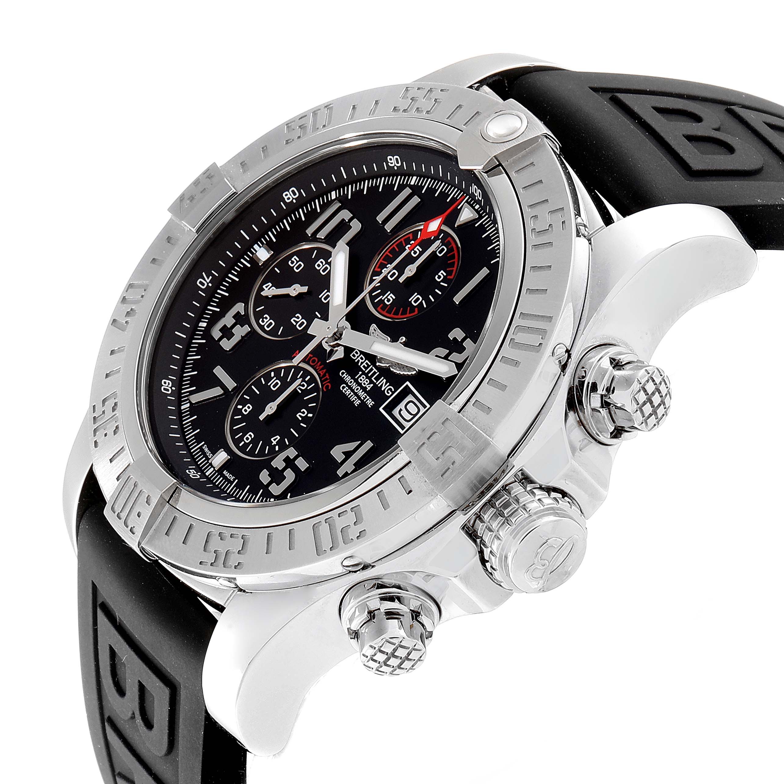 This is a Breitling Avenger A13371 Men
s Stainless Steel Black Dial A13371 Men
s Stainless Steel Black Dial watch shown from an angled side view highlighting the face, bezel, crown, and chronograph buttons.