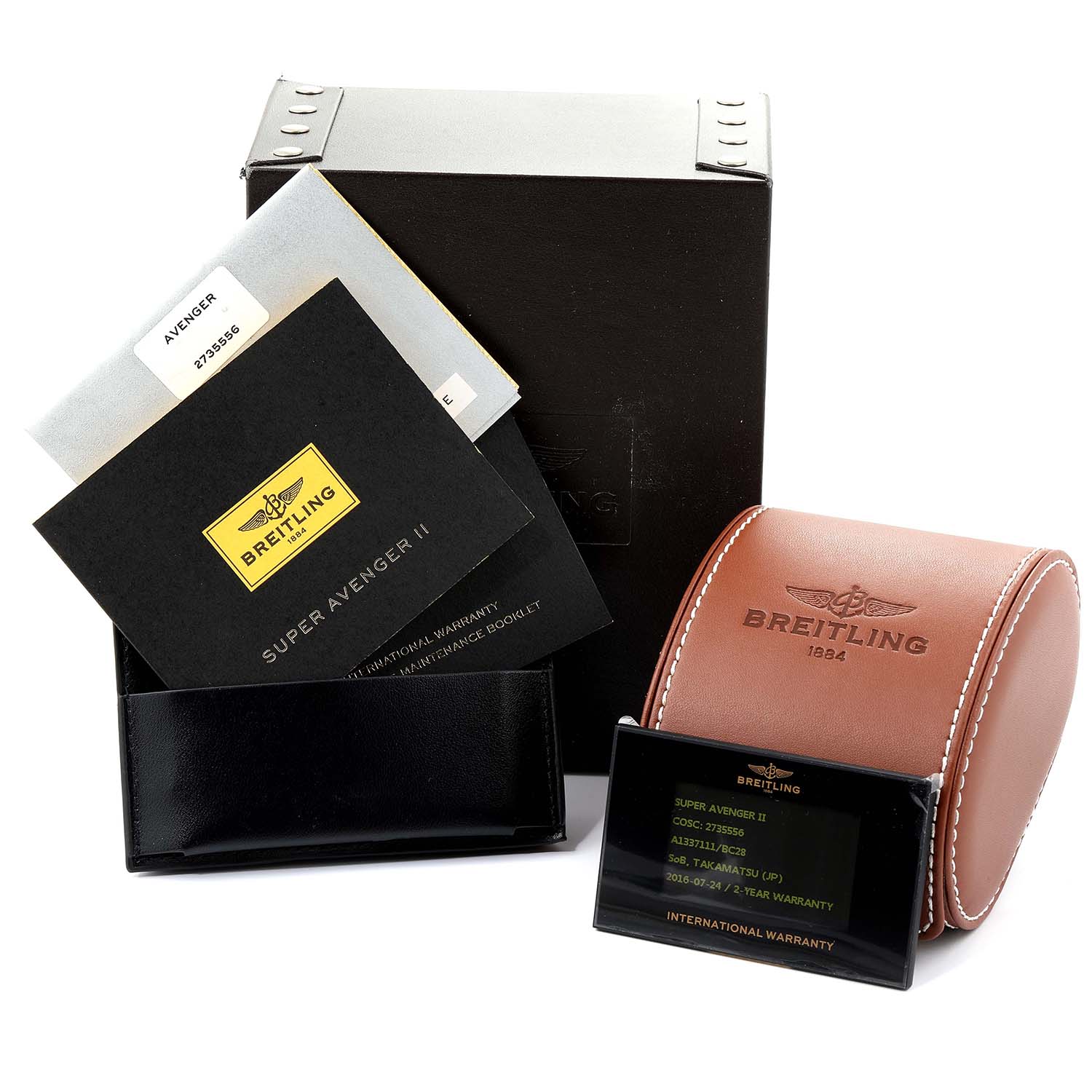 The image shows packaging and accessories for the Breitling Avenger A13371 Men
s Stainless Steel Black Dial A13371 Men
s Stainless Steel Black Dial watch, including the box, case, warranty card, and manuals.