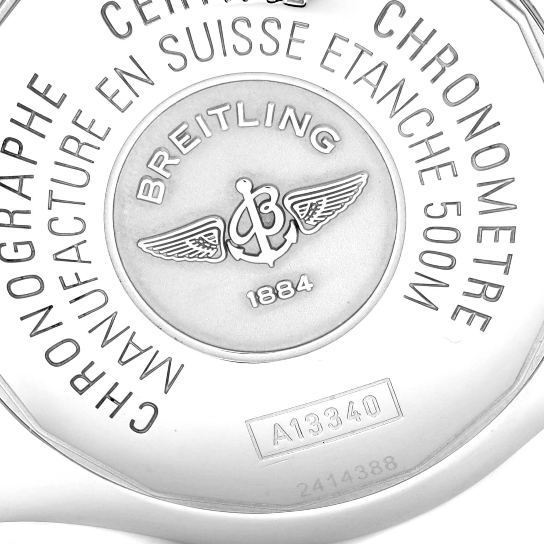 The image shows the engraved case back of a Breitling Superocean A13340 Men's Stainless Steel Black Dial A13340 Men's Stainless Steel Black Dial watch, highlighting branding and model details.