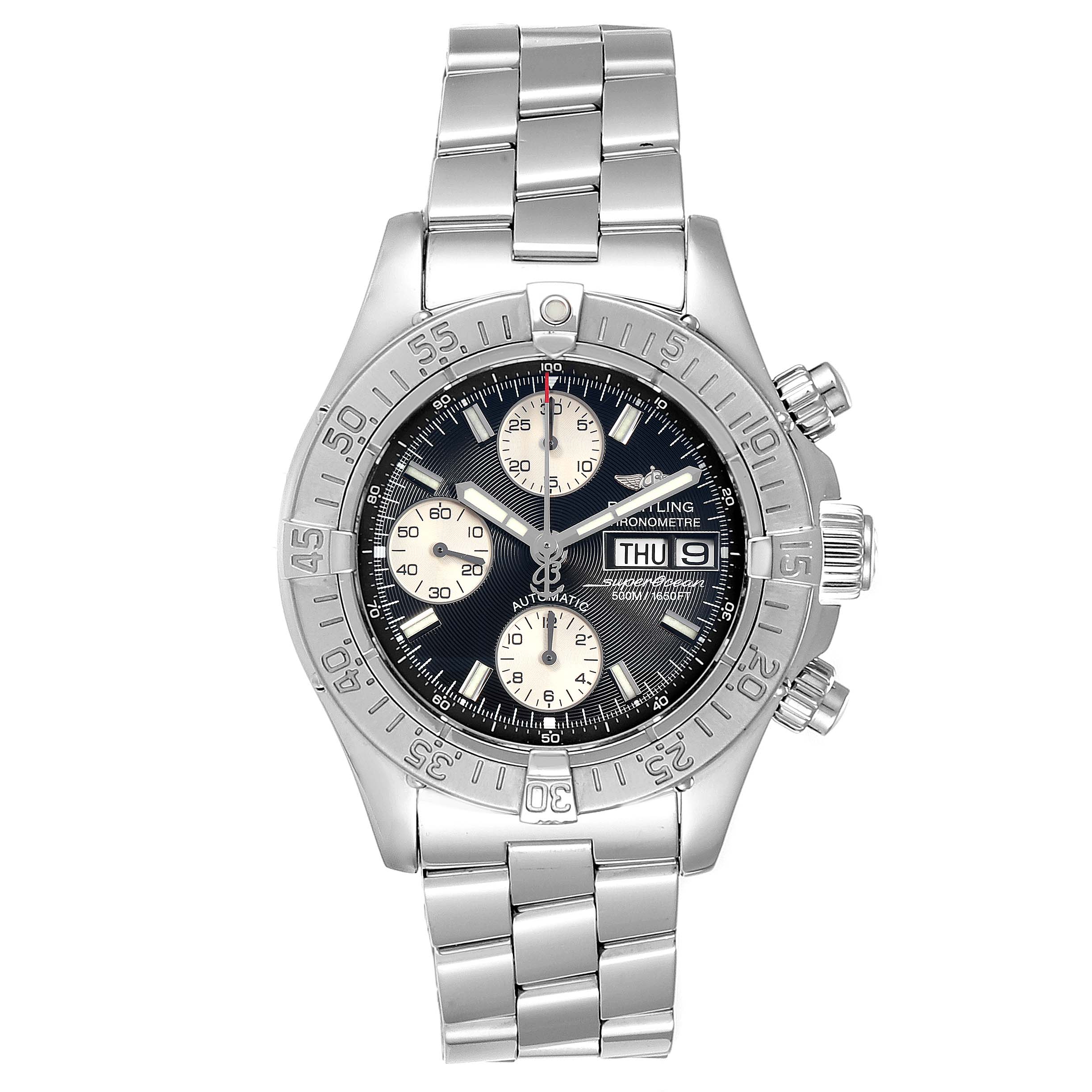 The Breitling Superocean A13340 Men's Stainless Steel Black Dial A13340 Men's Stainless Steel Black Dial watch is shown from a front angle, displaying its face, bezel, and metal bracelet.