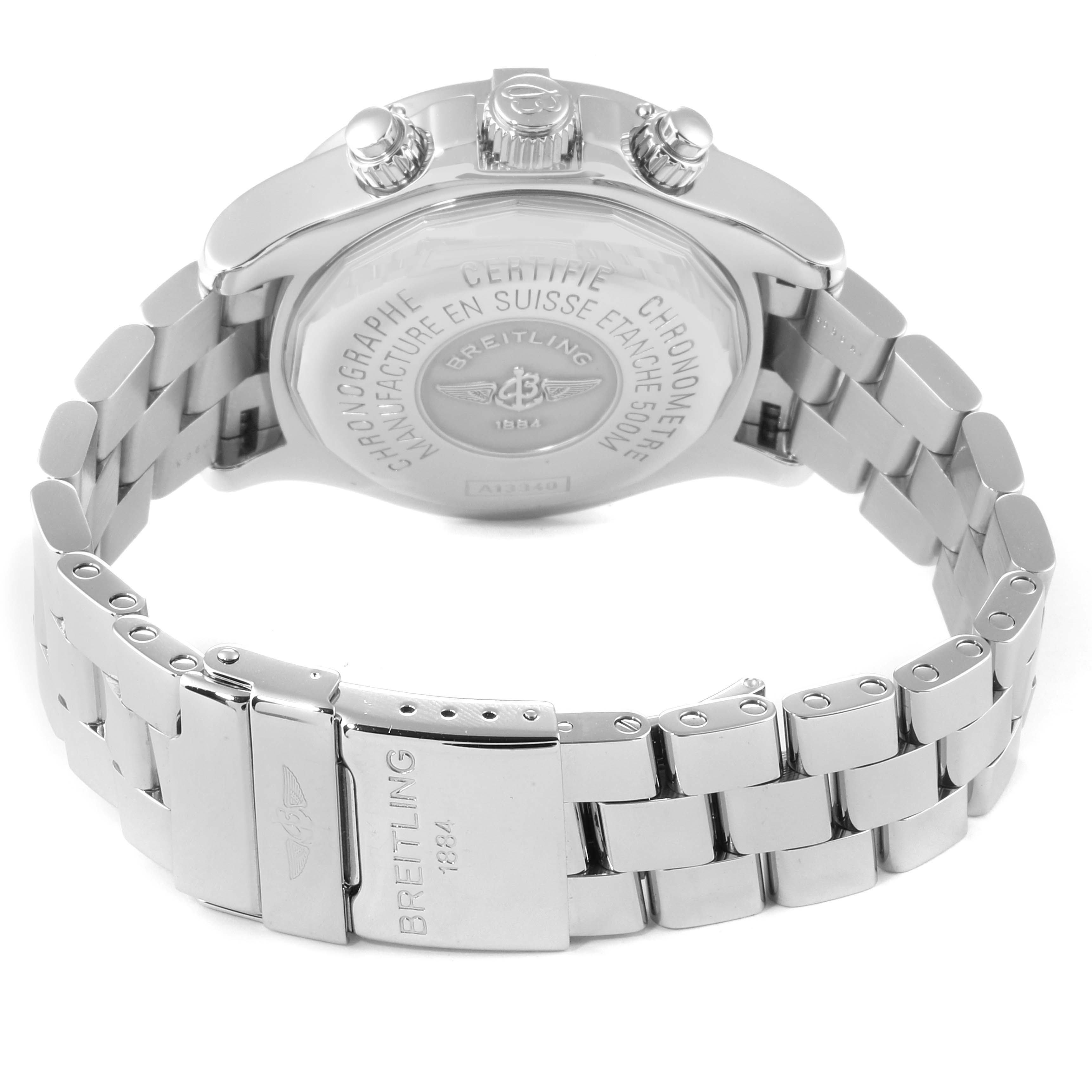 The image shows the back view of a Breitling Superocean A13340 Men's Stainless Steel Black Dial A13340 Men's Stainless Steel Black Dial watch, highlighting the case back and metal bracelet.