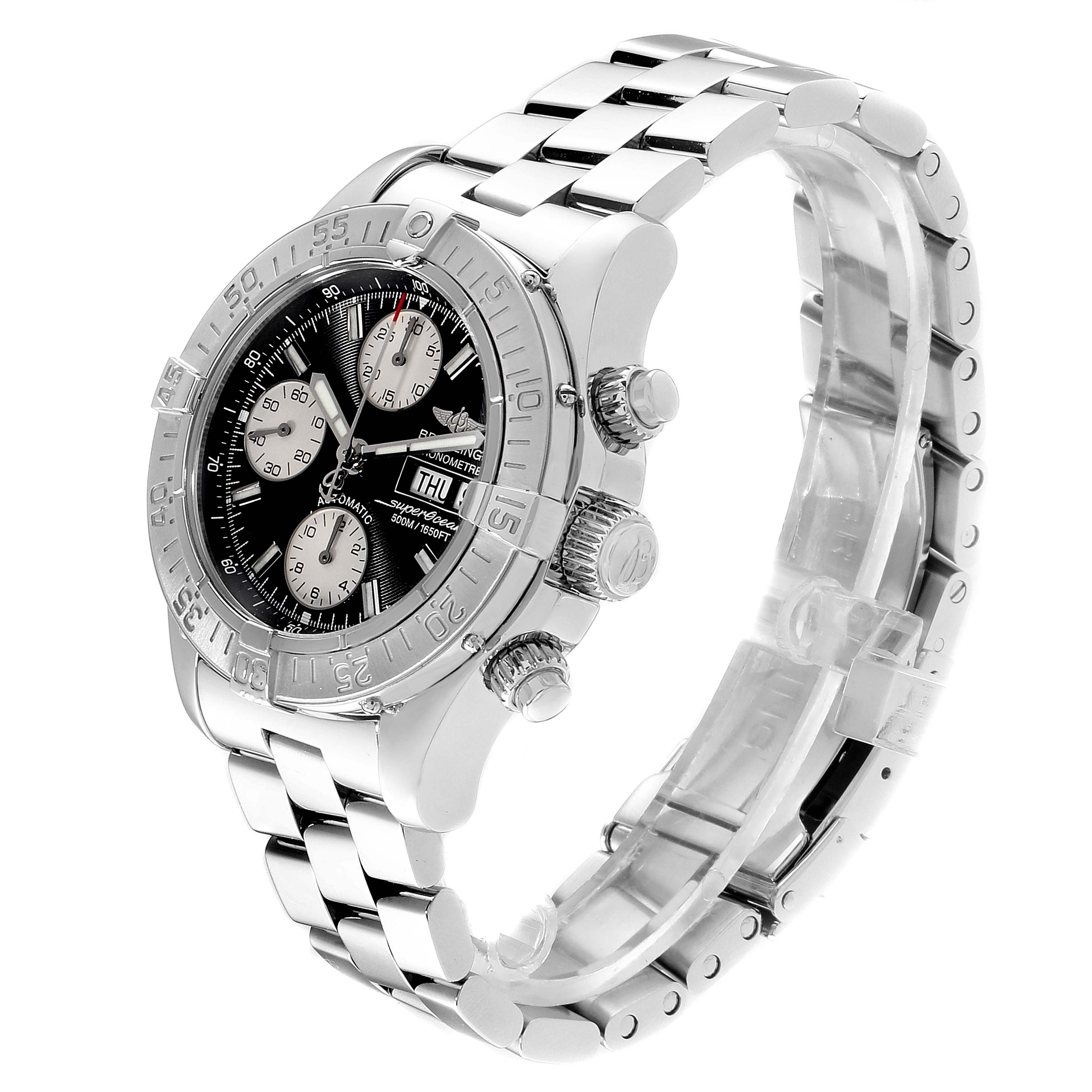 The Breitling Superocean A13340 Men's Stainless Steel Black Dial A13340 Men's Stainless Steel Black Dial watch is shown at a three-quarter angle, displaying its face, crown, and metal bracelet.