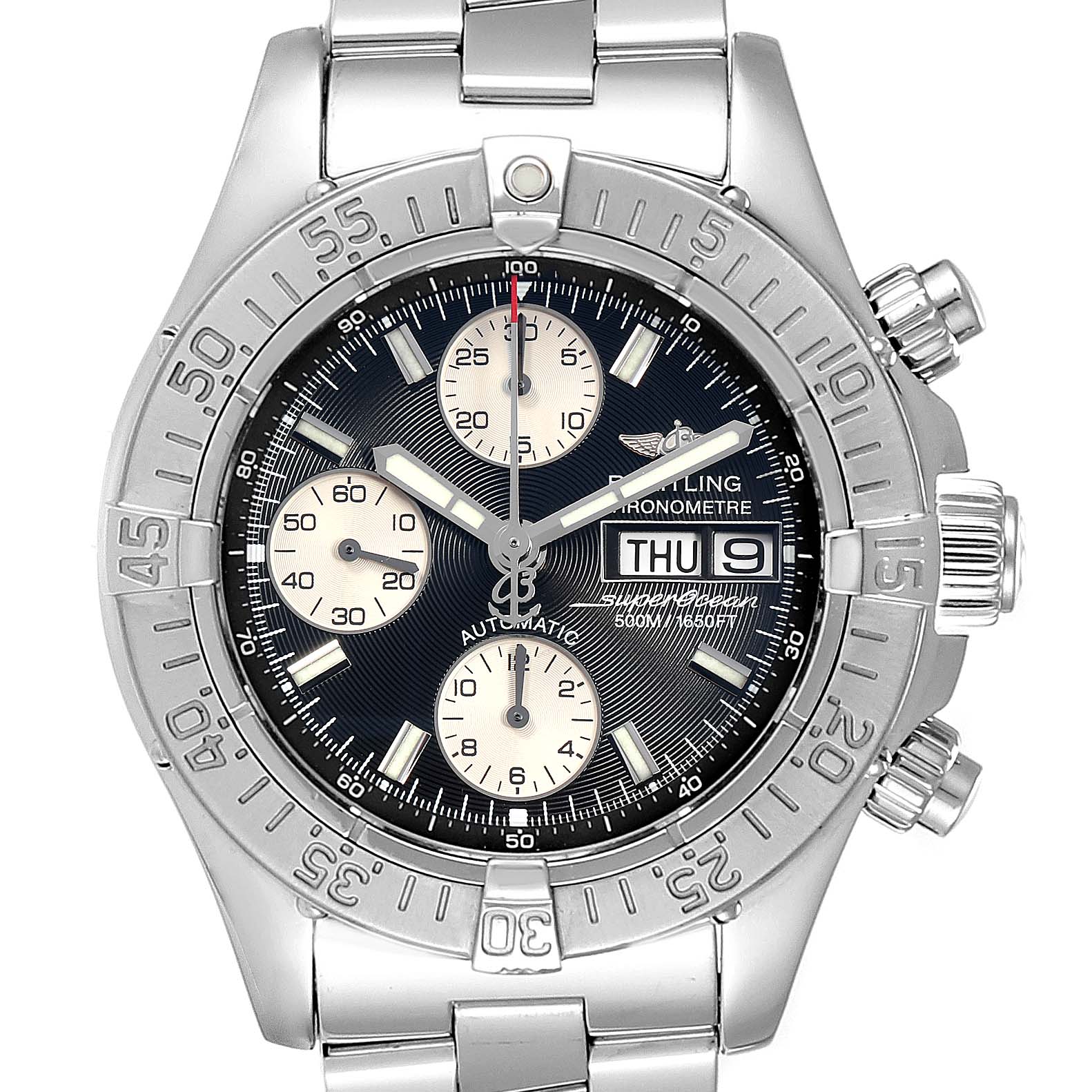 This image shows a front view of a Breitling Superocean A13340 Men's Stainless Steel Black Dial A13340 Men's Stainless Steel Black Dial watch displaying its face, bezel, and part of the bracelet.