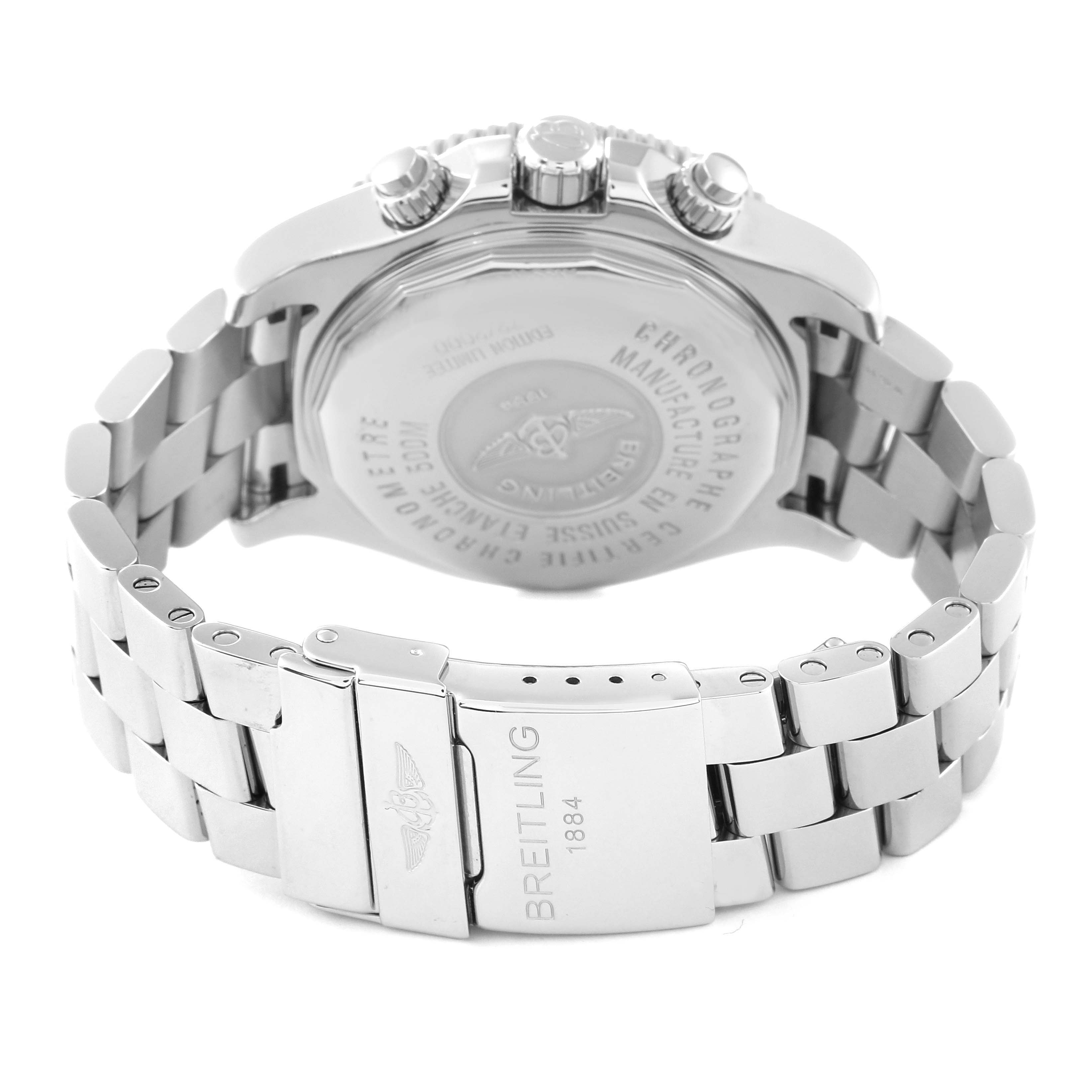 The image shows the back view of a Breitling Superocean A13341 Men's Stainless Steel Black Dial A13341 Men's Stainless Steel Black Dial watch, highlighting the case back and stainless steel bracelet with clasp.