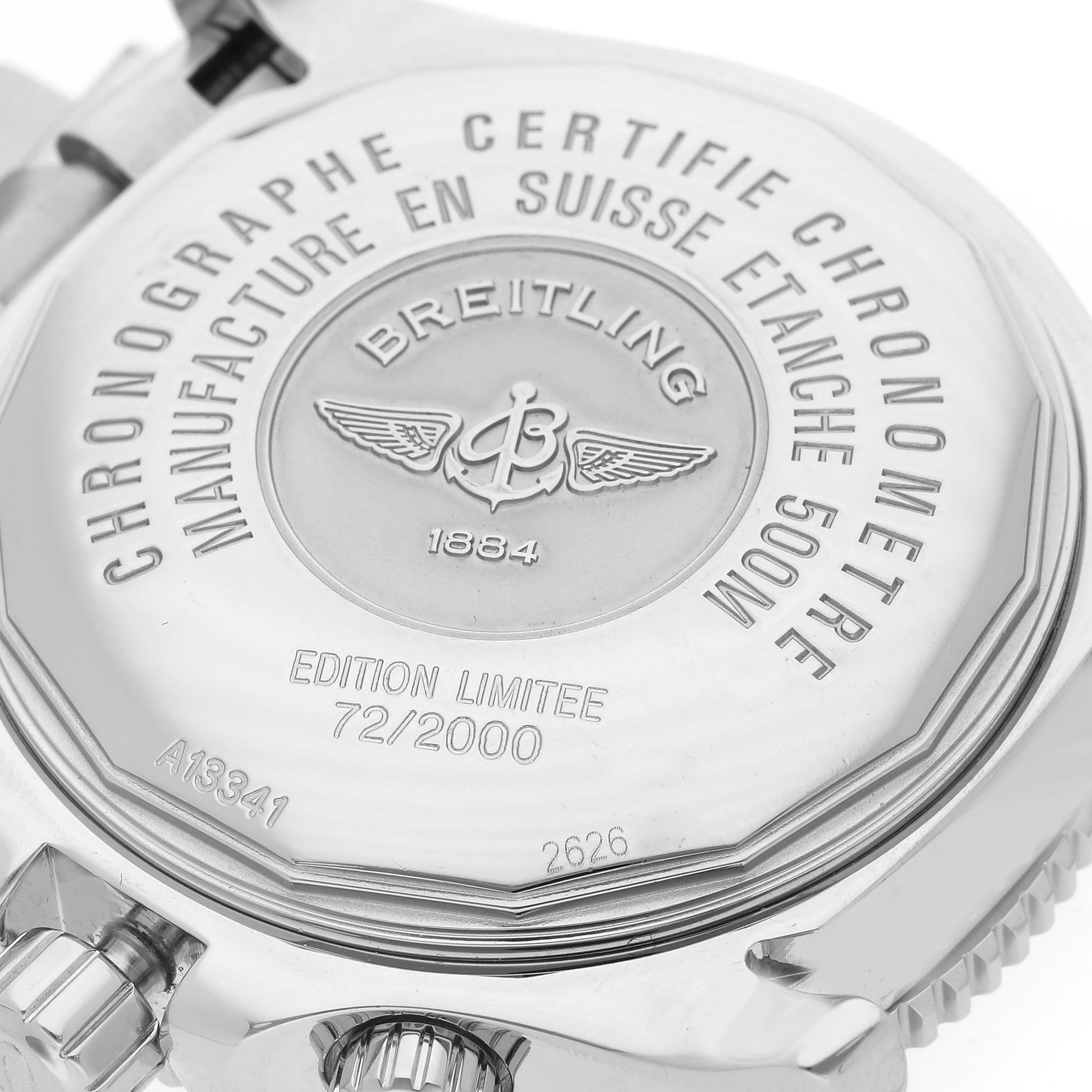 This image shows the back casing of a Breitling Superocean A13341 Men's Stainless Steel Black Dial A13341 Men's Stainless Steel Black Dial watch highlighting its inscriptions and limited edition details.