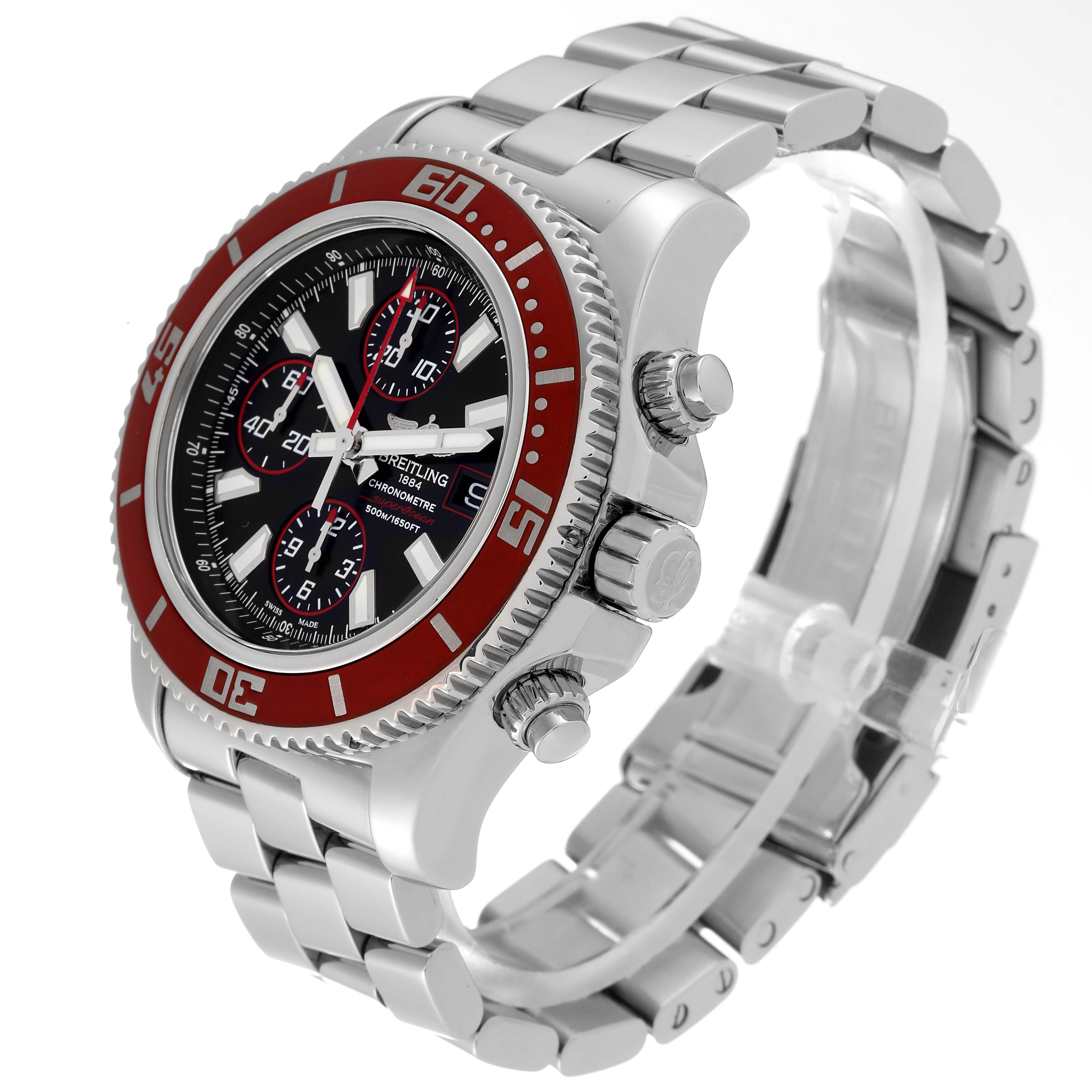 The image shows a side angle view of a Breitling Superocean A13341 Men's Stainless Steel Black Dial A13341 Men's Stainless Steel Black Dial watch, highlighting its red bezel, black dial, and stainless steel bracelet.