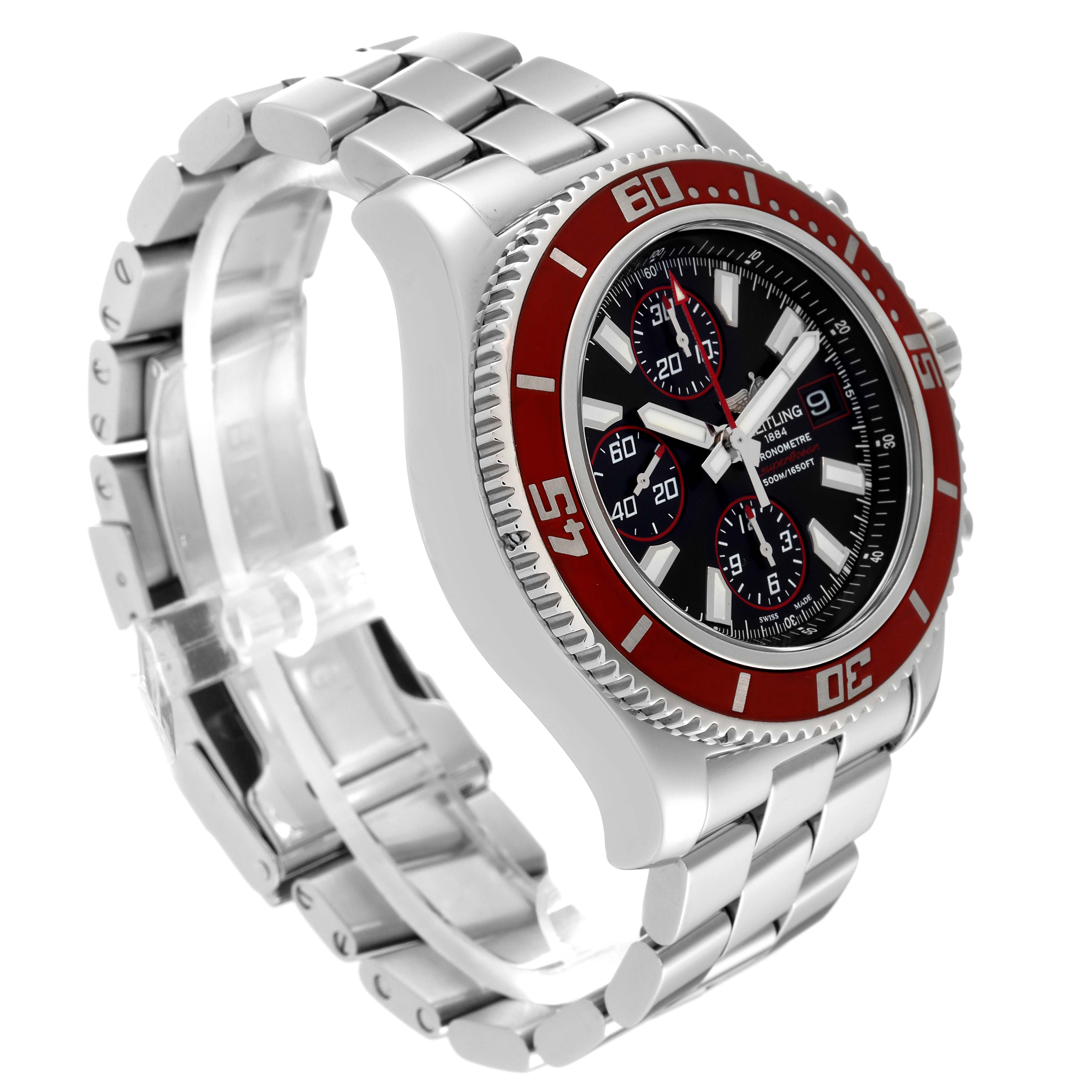 The Breitling Superocean A13341 Men's Stainless Steel Black Dial A13341 Men's Stainless Steel Black Dial watch is shown at a three-quarter angle, highlighting its steel bracelet, red bezel, and black dial with subdials.