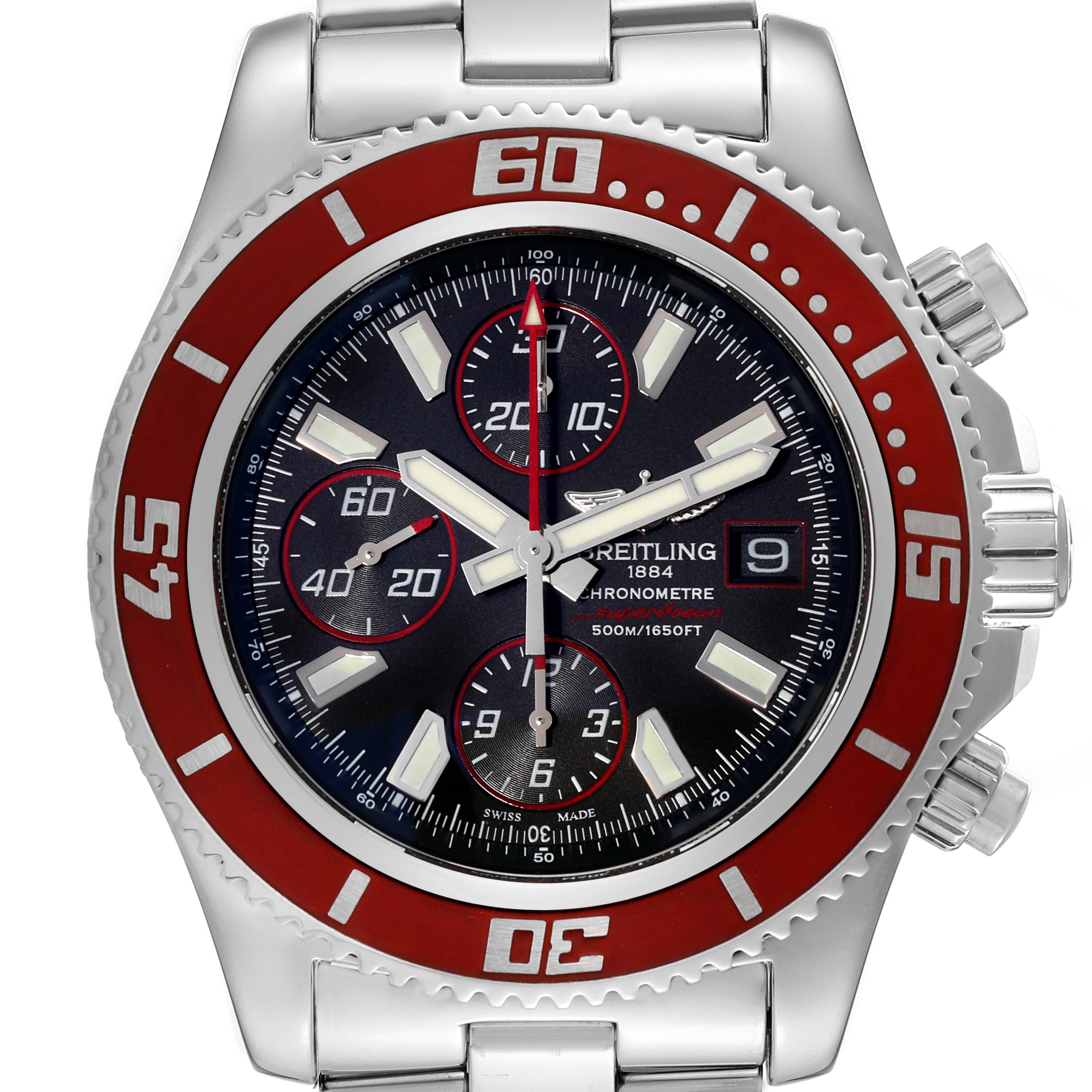 This image shows a front view of the Breitling Superocean A13341 Men's Stainless Steel Black Dial A13341 Men's Stainless Steel Black Dial watch, including its red bezel, black dial with subdials, and stainless steel bracelet.