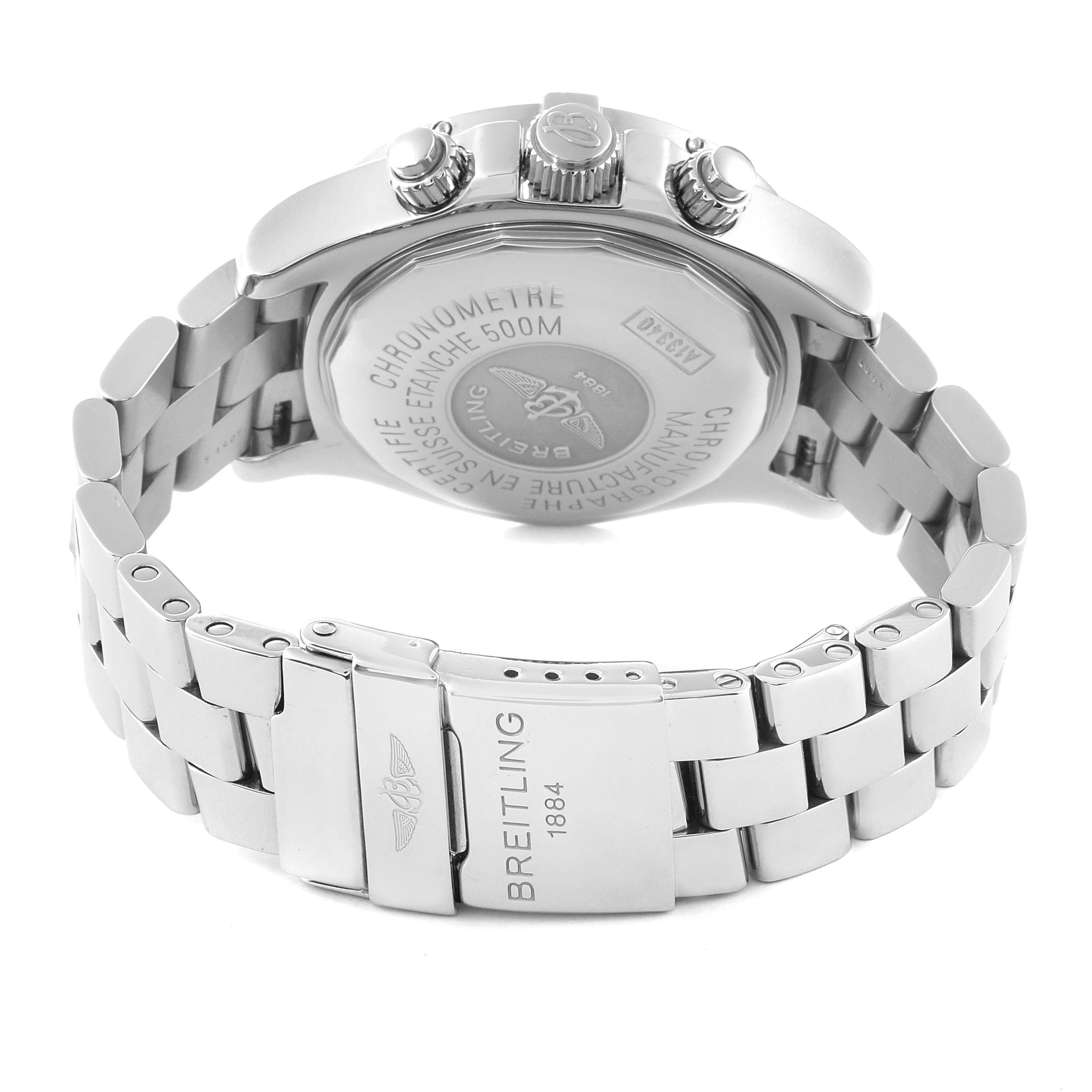 The image shows the back case and stainless steel bracelet of a Breitling Superocean A111G49PRS Men's Stainless Steel Silver Dial A111G49PRS Men's Stainless Steel Silver Dial watch from a rear angle.