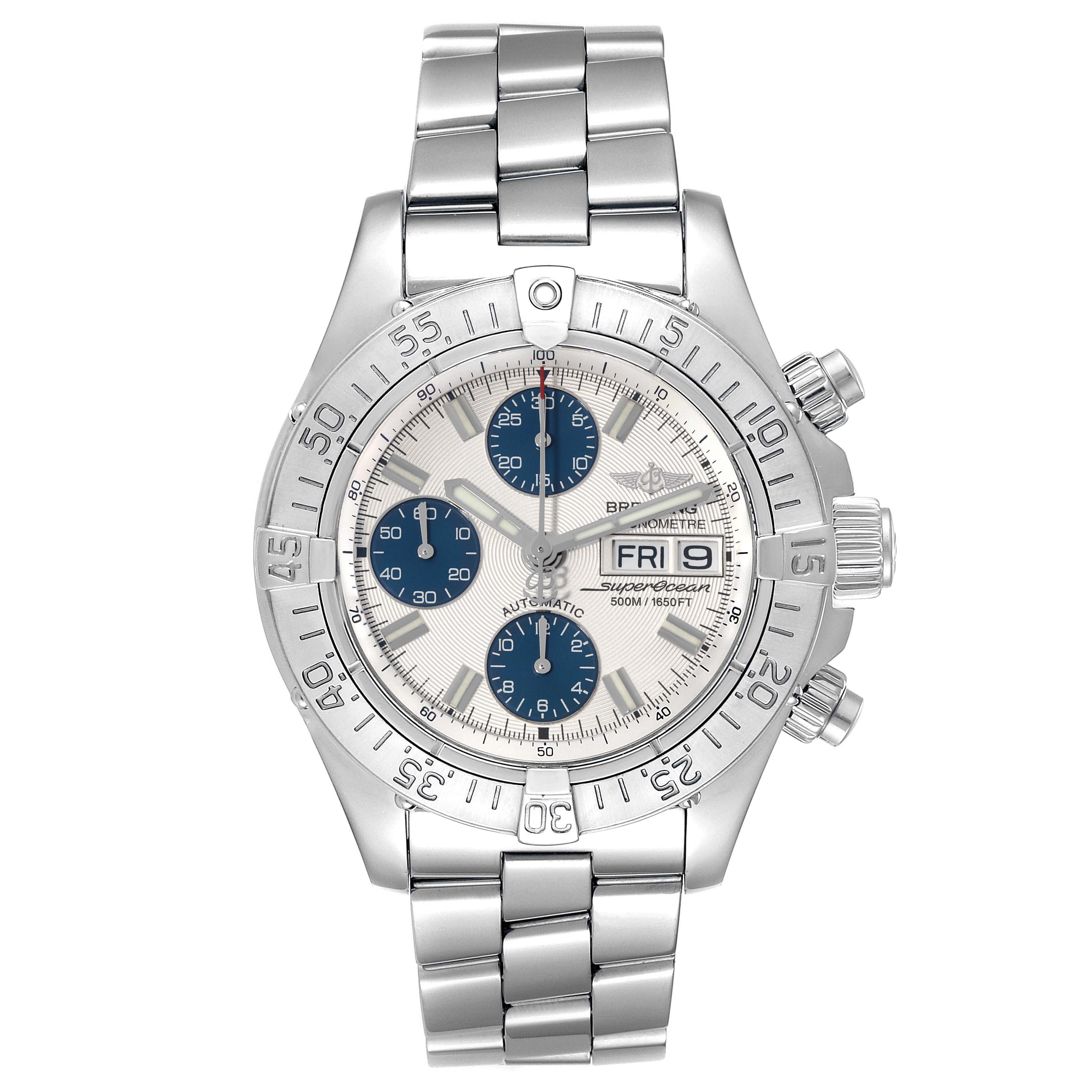 This Breitling Superocean A111G49PRS Men's Stainless Steel Silver Dial A111G49PRS Men's Stainless Steel Silver Dial watch is shown from the front, displaying its dial, bezel, subdials, and bracelet.