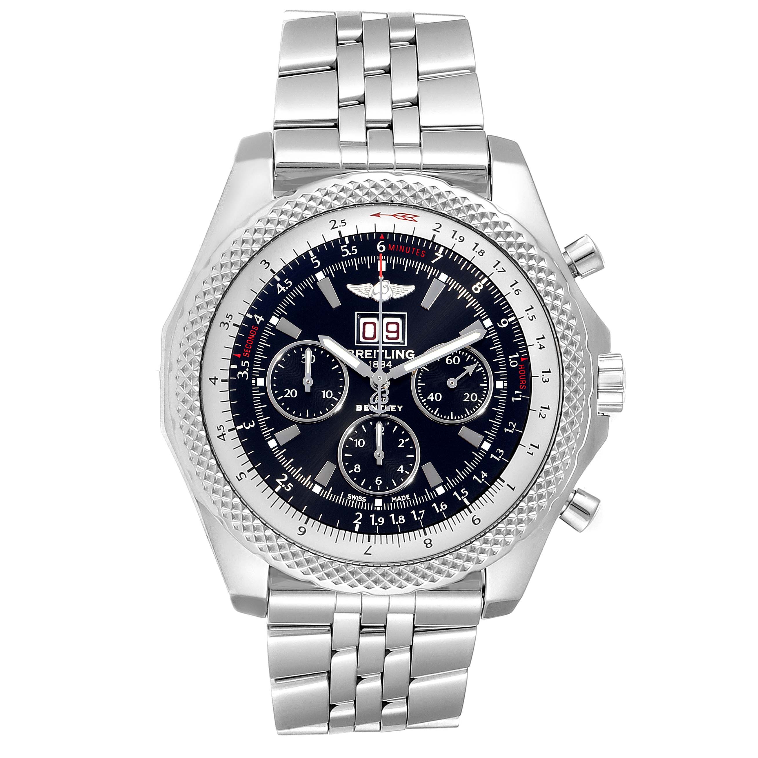 The image shows a front view of the Breitling Bentley A44364 Men's Stainless Steel Black Dial A44364 Men's Stainless Steel Black Dial watch, highlighting its face, bezel, and metal bracelet.