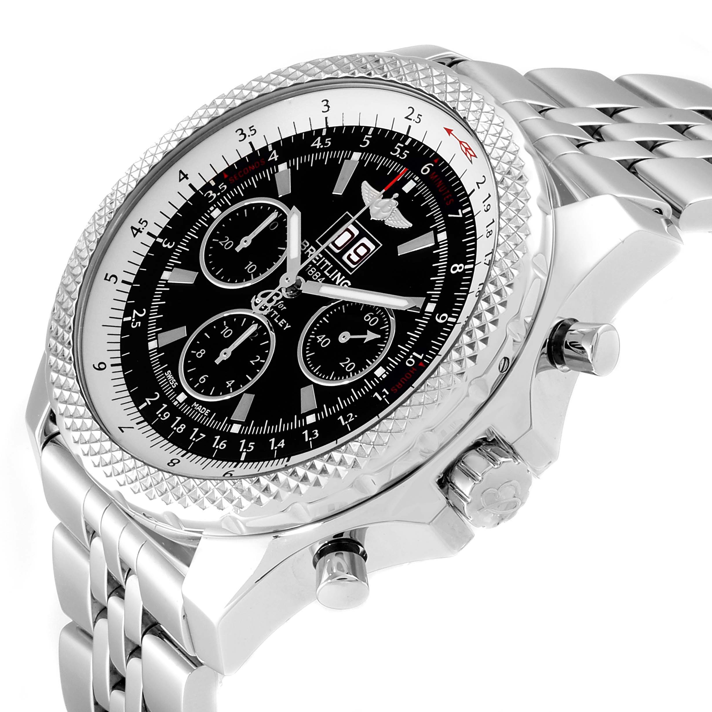 The image shows a front-side angle of the Bentley model by Breitling, highlighting the dial, bezel, and metal bracelet.
