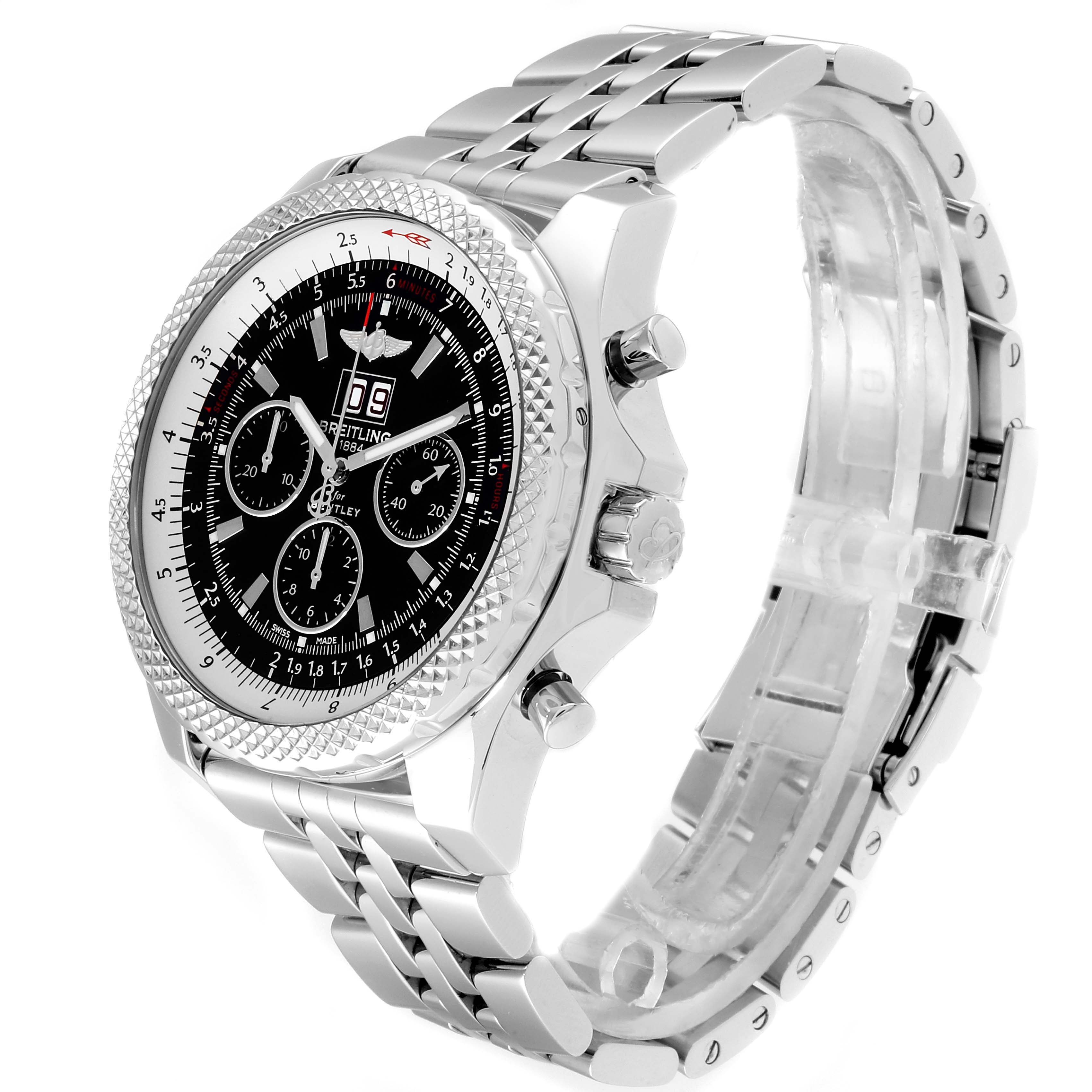 The image shows a side view of the Breitling Bentley A44364 Men's Stainless Steel Black Dial A44364 Men's Stainless Steel Black Dial watch, highlighting the face, bezel, crown, and metal bracelet.