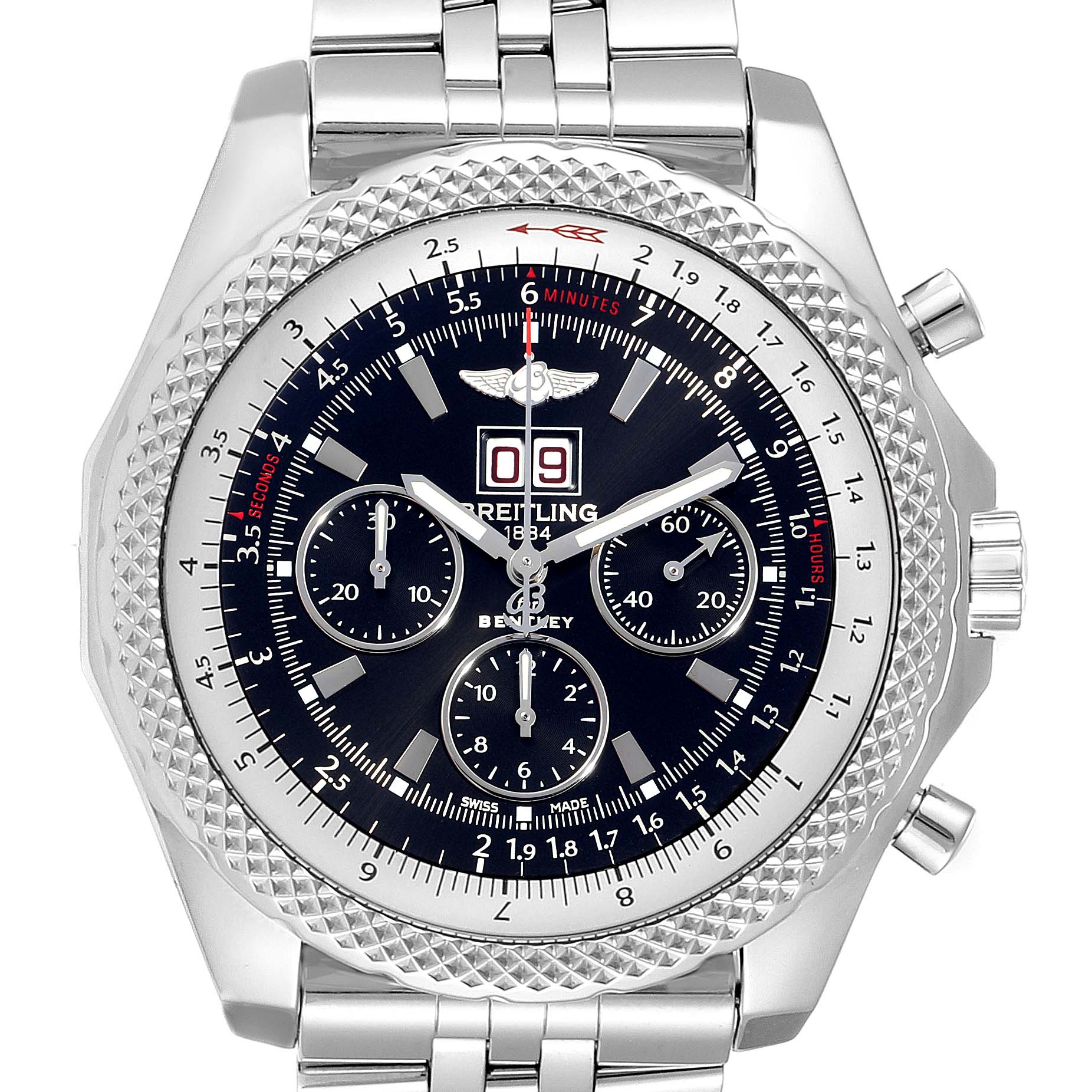 This image shows a front view of a Breitling Bentley A44364 Men's Stainless Steel Black Dial A44364 Men's Stainless Steel Black Dial model watch, displaying its face, bezel, chronograph dials, and part of the bracelet.