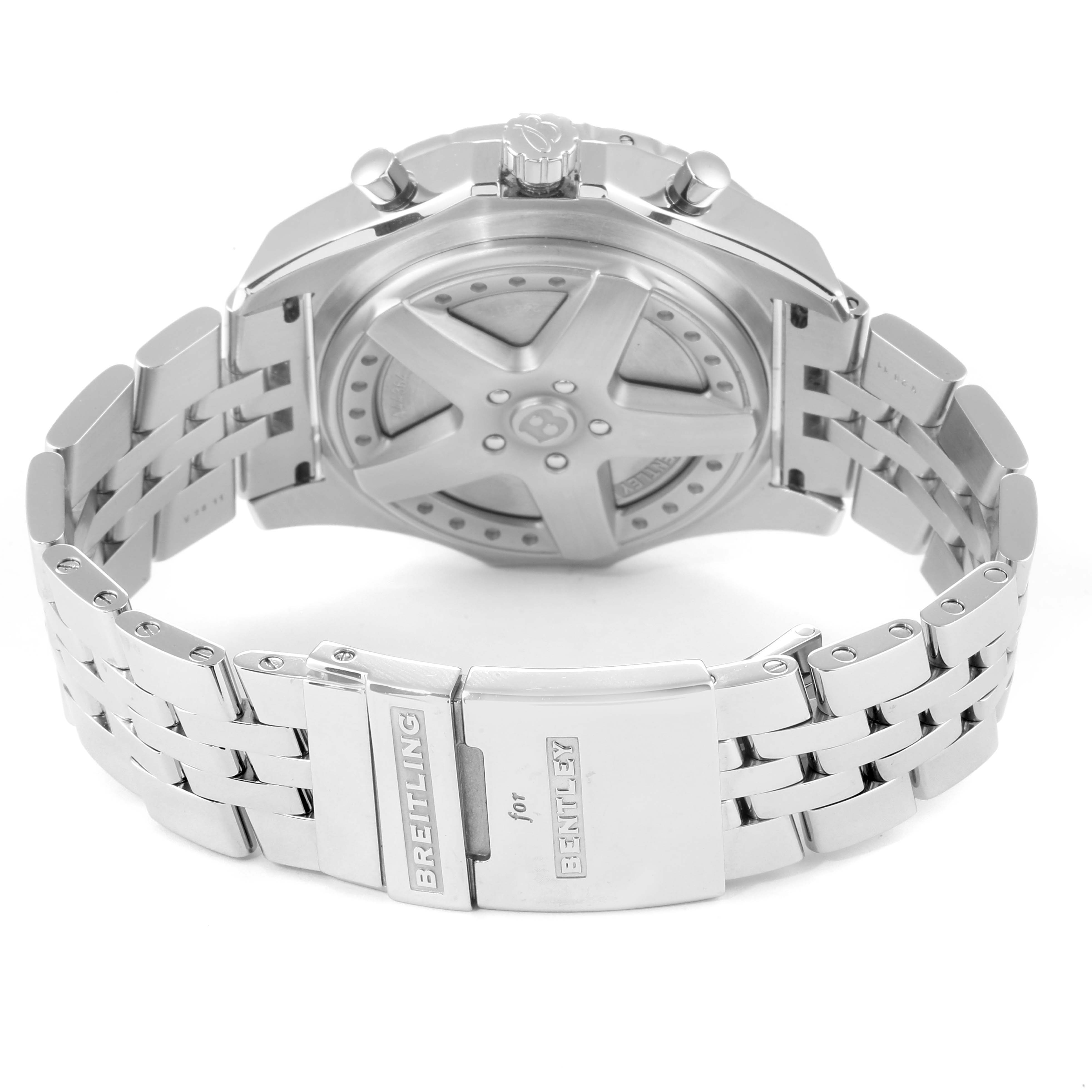 The image shows the back case and bracelet clasp of a Breitling Bentley A44364 Men's Stainless Steel Black Dial A44364 Men's Stainless Steel Black Dial watch, highlighting the "Breitling for Bentley" engraving.
