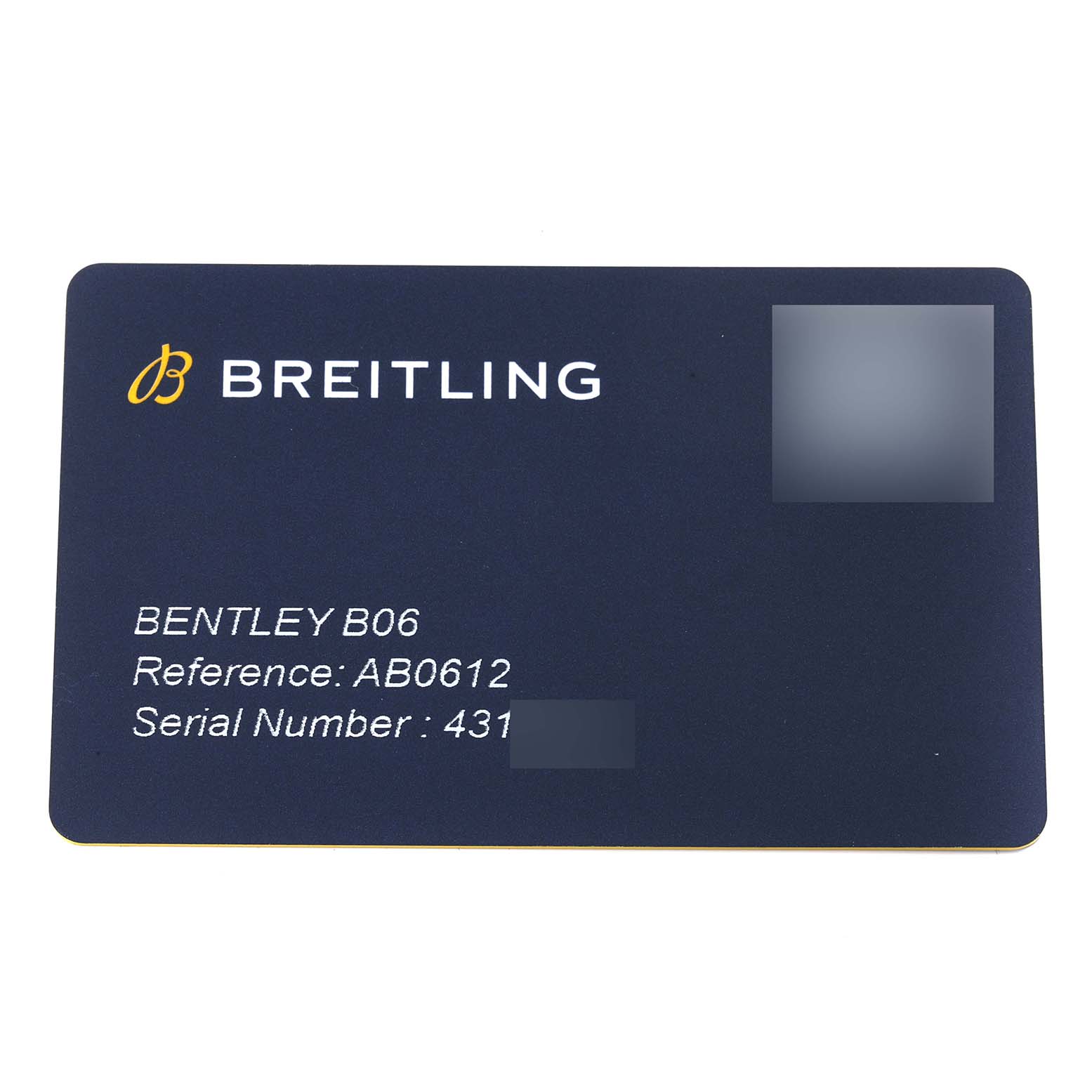This image shows a black card with Breitling branding, model, reference, and serial number details for the Breitling Bentley AB061221/G810 Men's Stainless Steel Silver Dial AB061221/G810 Men's Stainless Steel Silver Dial B06 watch.