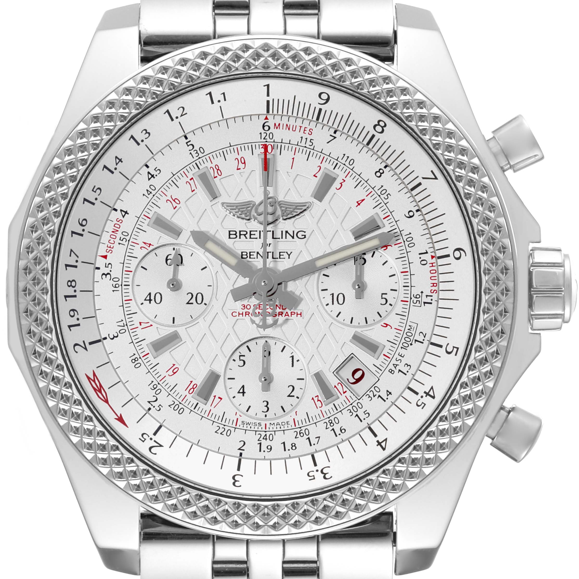 This image shows a frontal view of the Breitling Bentley AB061221/G810 Men's Stainless Steel Silver Dial AB061221/G810 Men's Stainless Steel Silver Dial watch, displaying its dial, bezel, sub-dials, and bracelet.