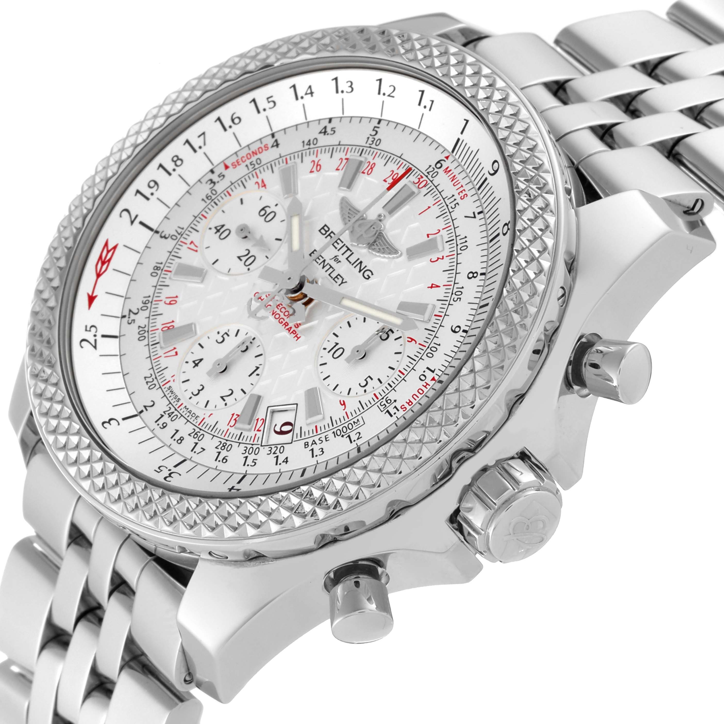 The image shows a close-up of the Breitling Bentley AB061221/G810 Men's Stainless Steel Silver Dial AB061221/G810 Men's Stainless Steel Silver Dial watch at an angled top view, focusing on the dial, bezel, side buttons, and part of the bracelet.