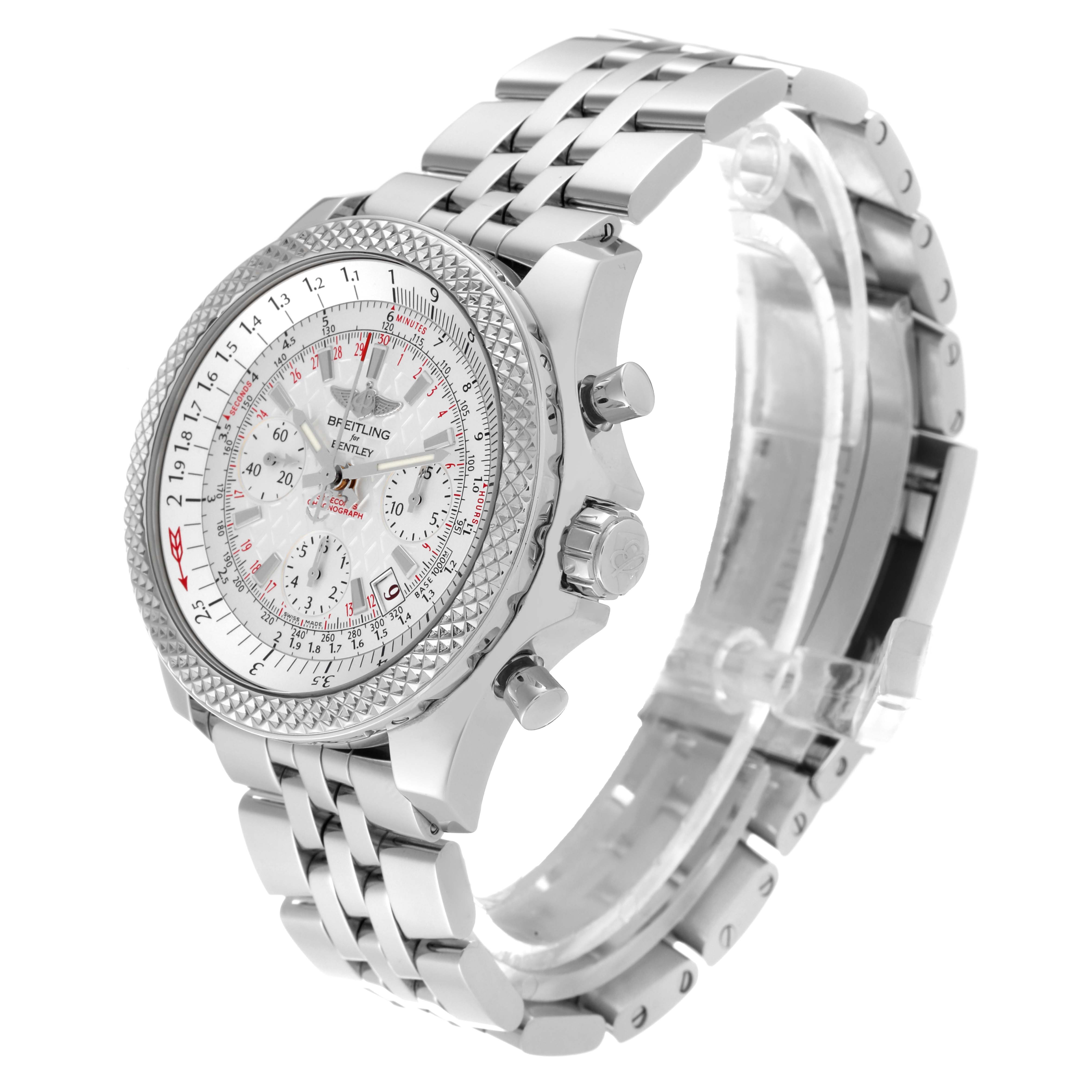 The image shows a Breitling Bentley AB061221/G810 Men's Stainless Steel Silver Dial AB061221/G810 Men's Stainless Steel Silver Dial watch at a slight angle, displaying the dial, bezel, and stainless steel bracelet.