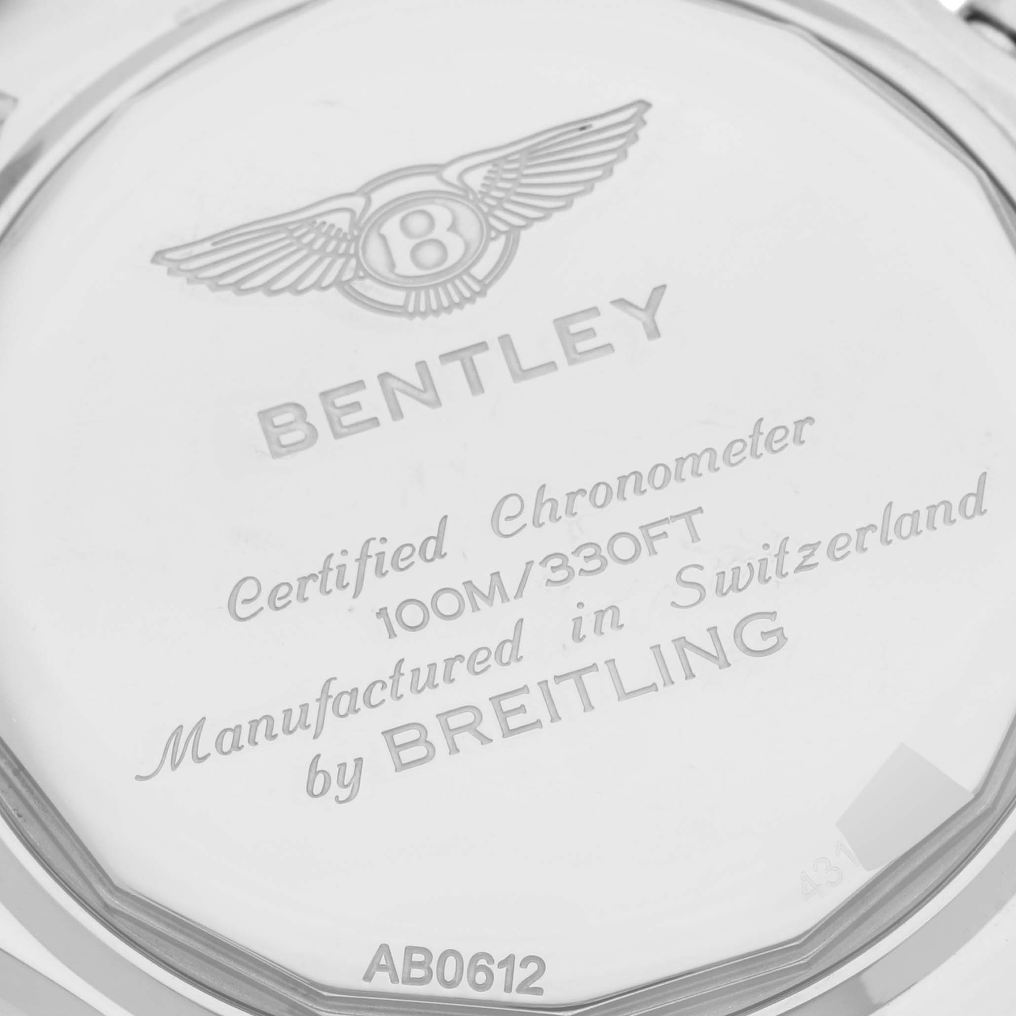The image shows the back case of a Bentley model watch by Breitling, displaying branding and specifications.