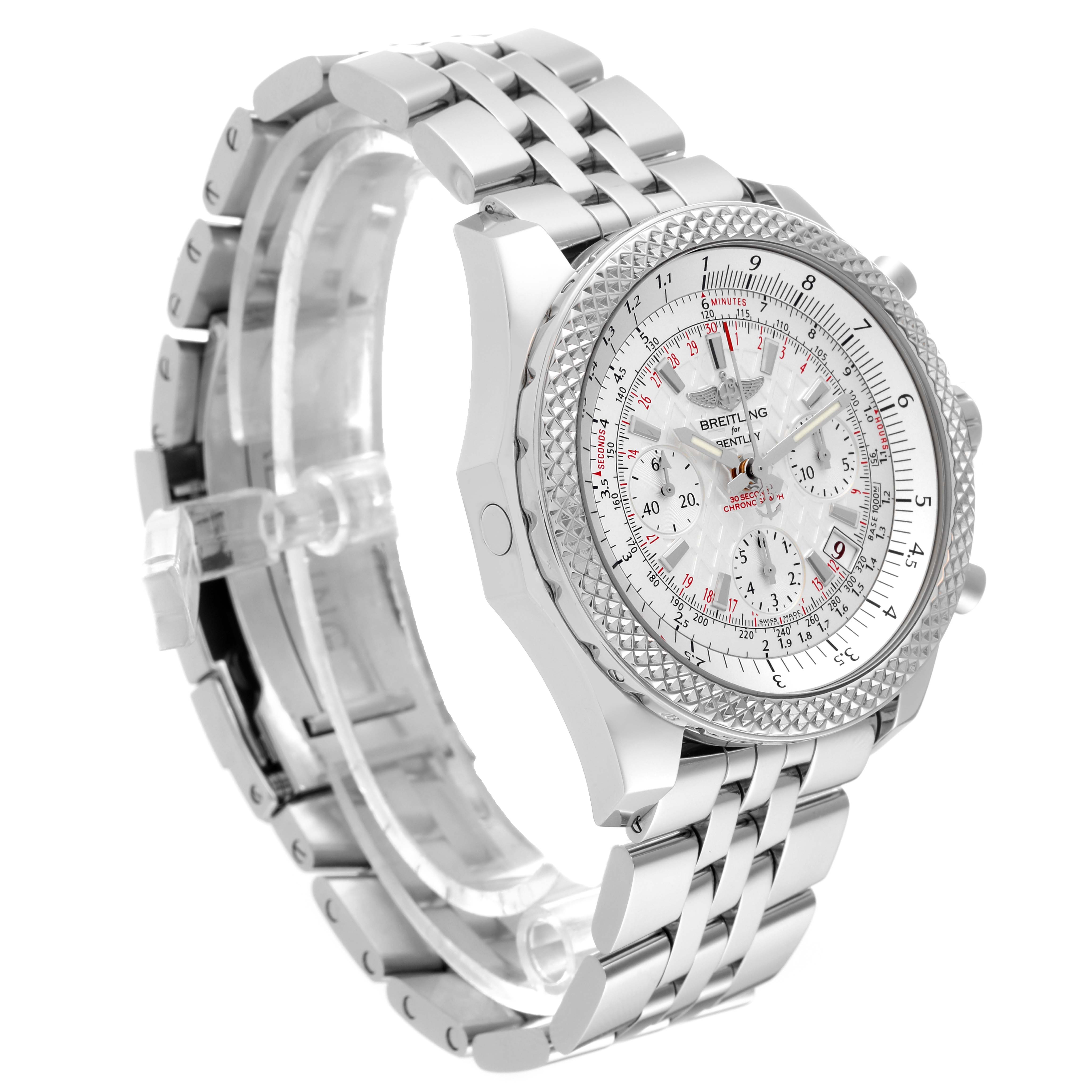 The image shows a Breitling Bentley AB061221/G810 Men's Stainless Steel Silver Dial AB061221/G810 Men's Stainless Steel Silver Dial model watch at a three-quarter angle, displaying the face, bezel, and bracelet.