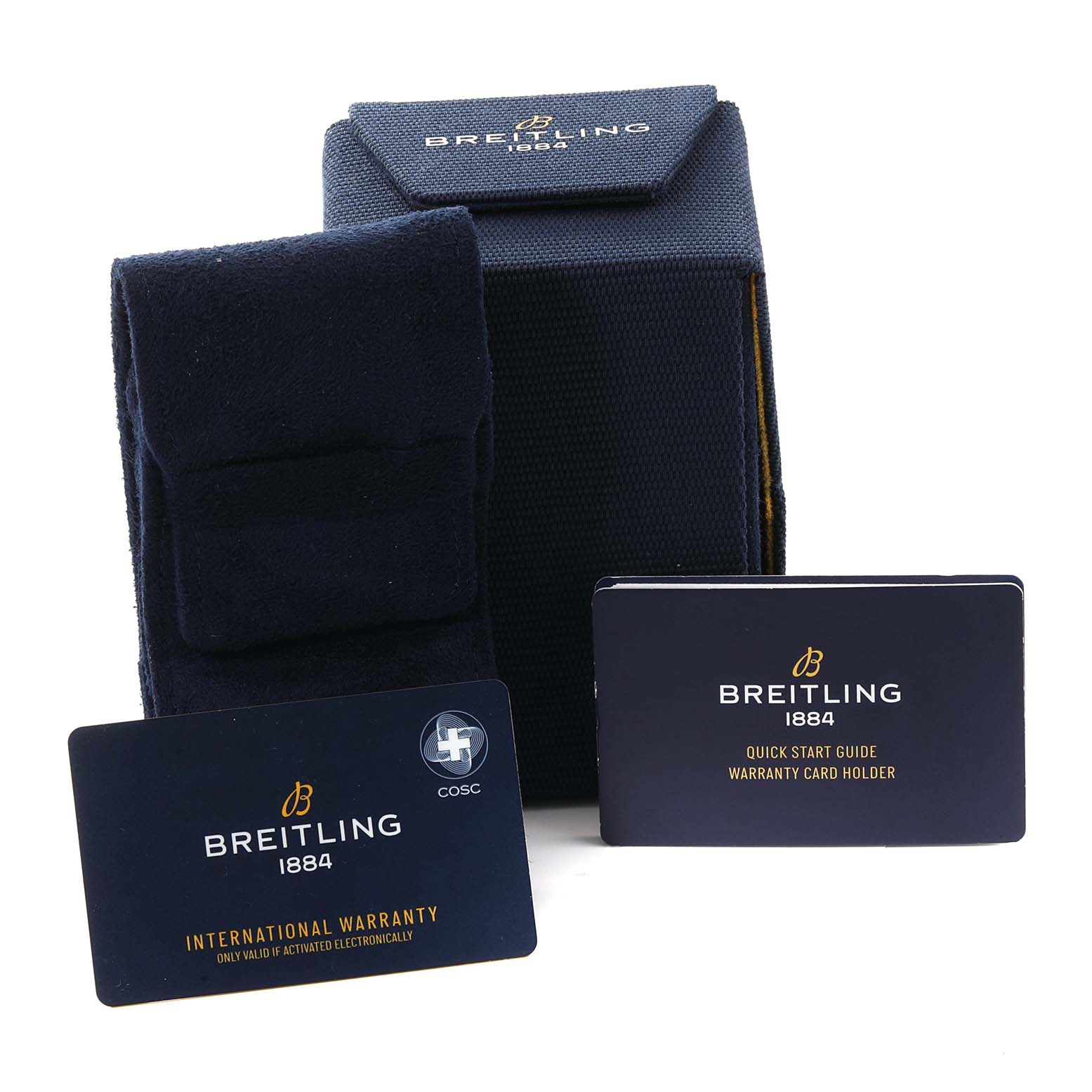 The image shows accessories for the Bentley model by Breitling, including a watch box, pouch, warranty card, and quick start guide.