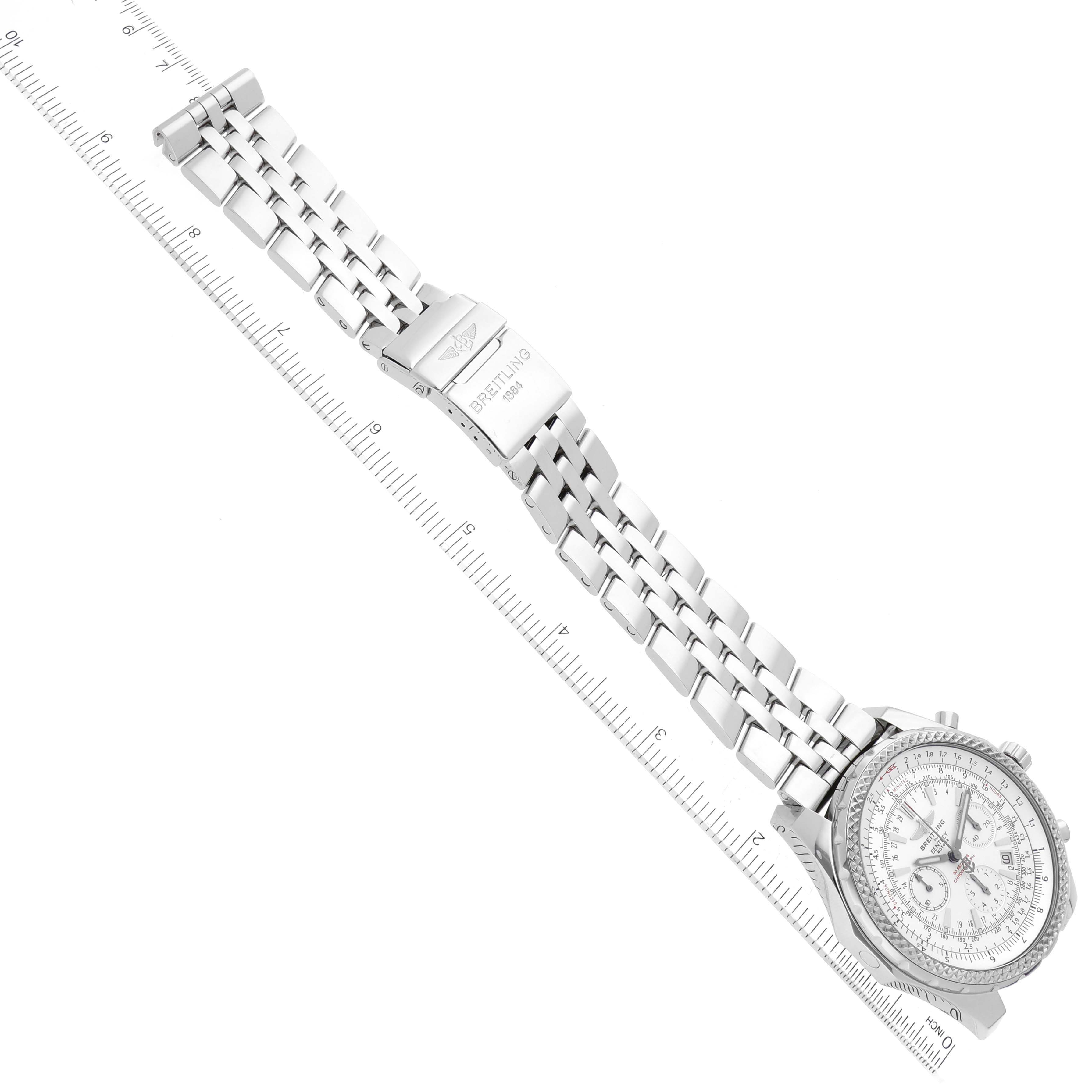 The image shows a Breitling Bentley A25362 Men's Stainless Steel Silver Dial A25362 Men's Stainless Steel Silver Dial watch laid out horizontally, displaying the face, bracelet, and clasp with a measuring ruler beside it.