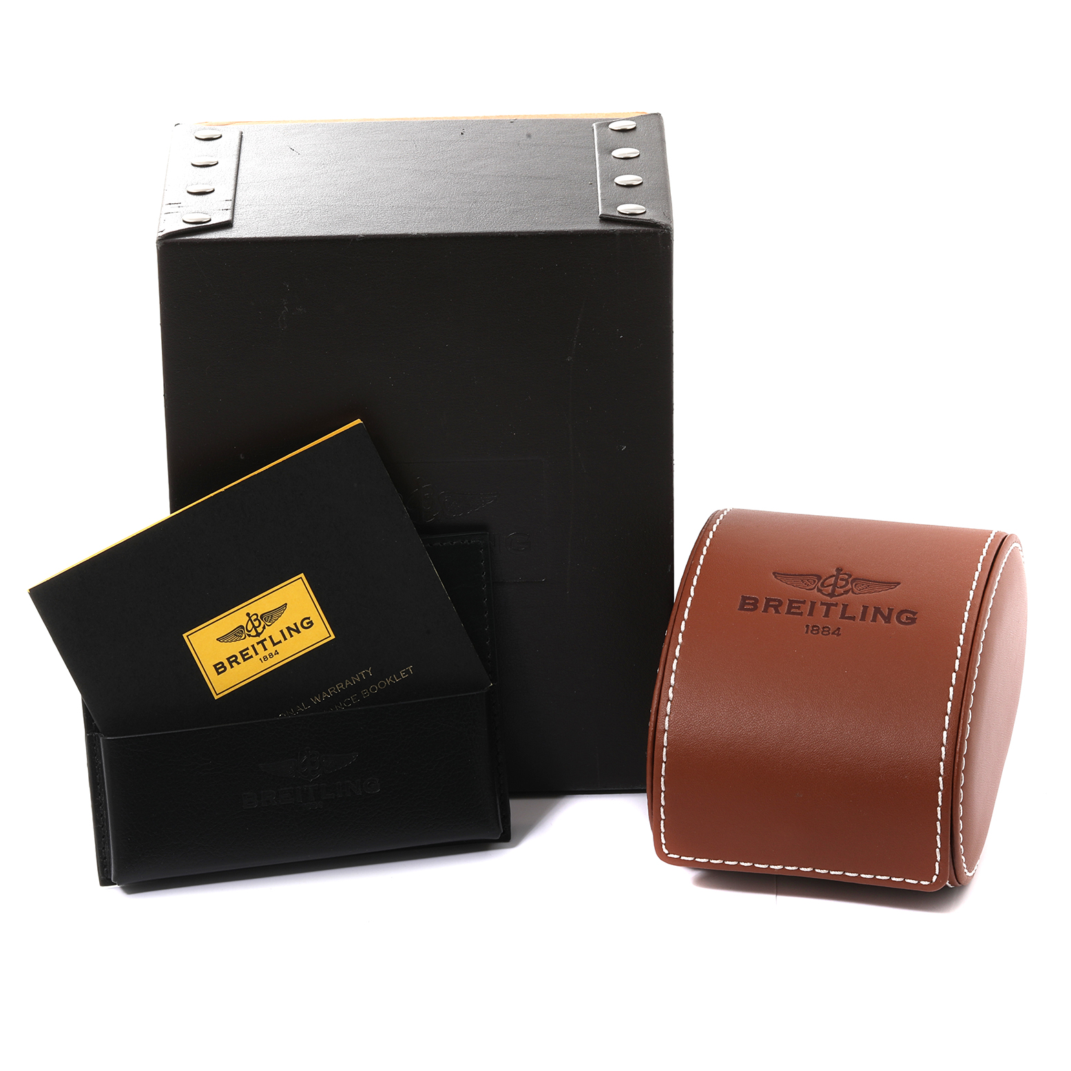 The image shows a Breitling Bentley A25362 Men's Stainless Steel Silver Dial A25362 Men's Stainless Steel Silver Dial watch box, warranty booklet, and brown leather watch case from a front angle.