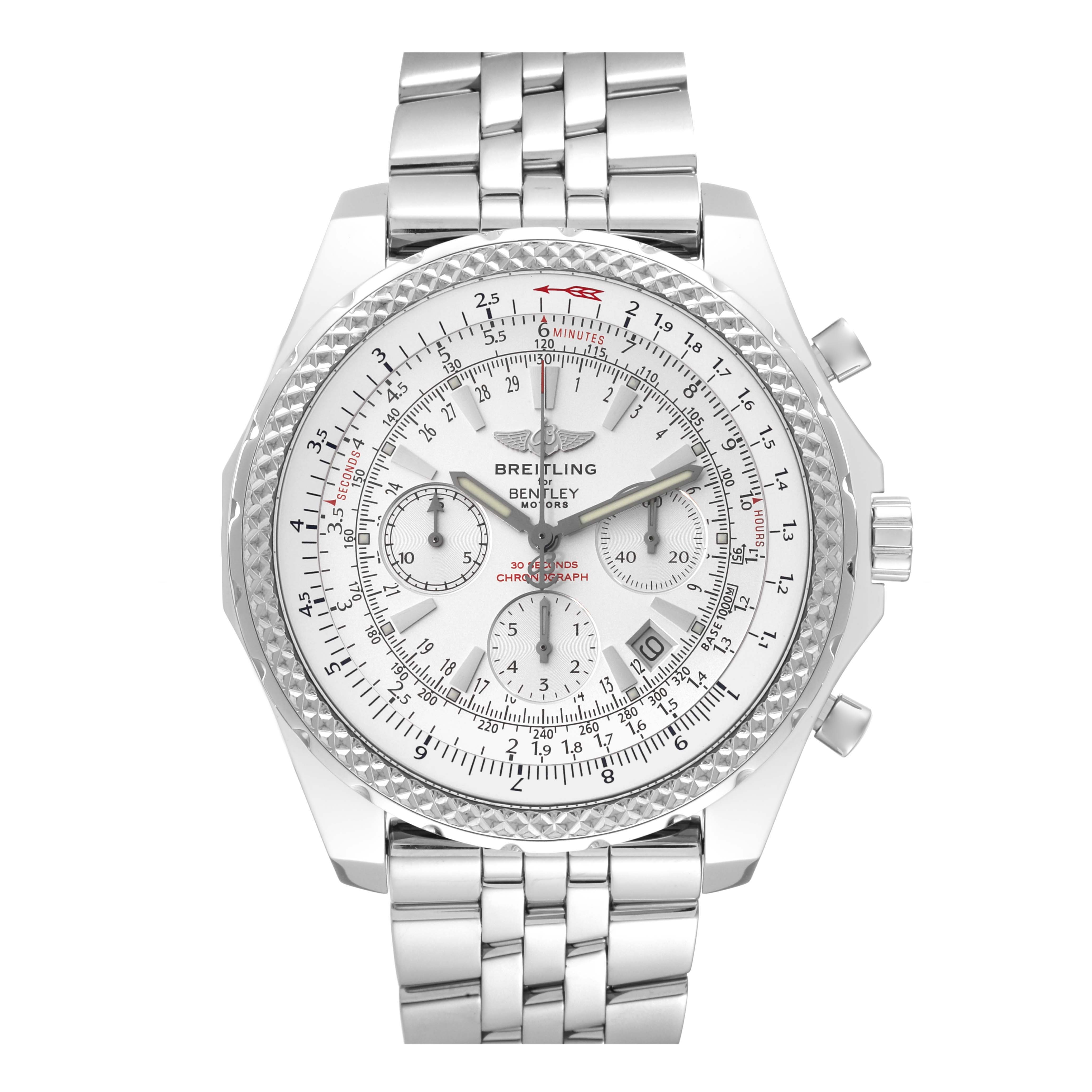 The image shows a front view of a Breitling Bentley A25362 Men's Stainless Steel Silver Dial A25362 Men's Stainless Steel Silver Dial model watch, displaying its face, dial, chronographs, and metal band.