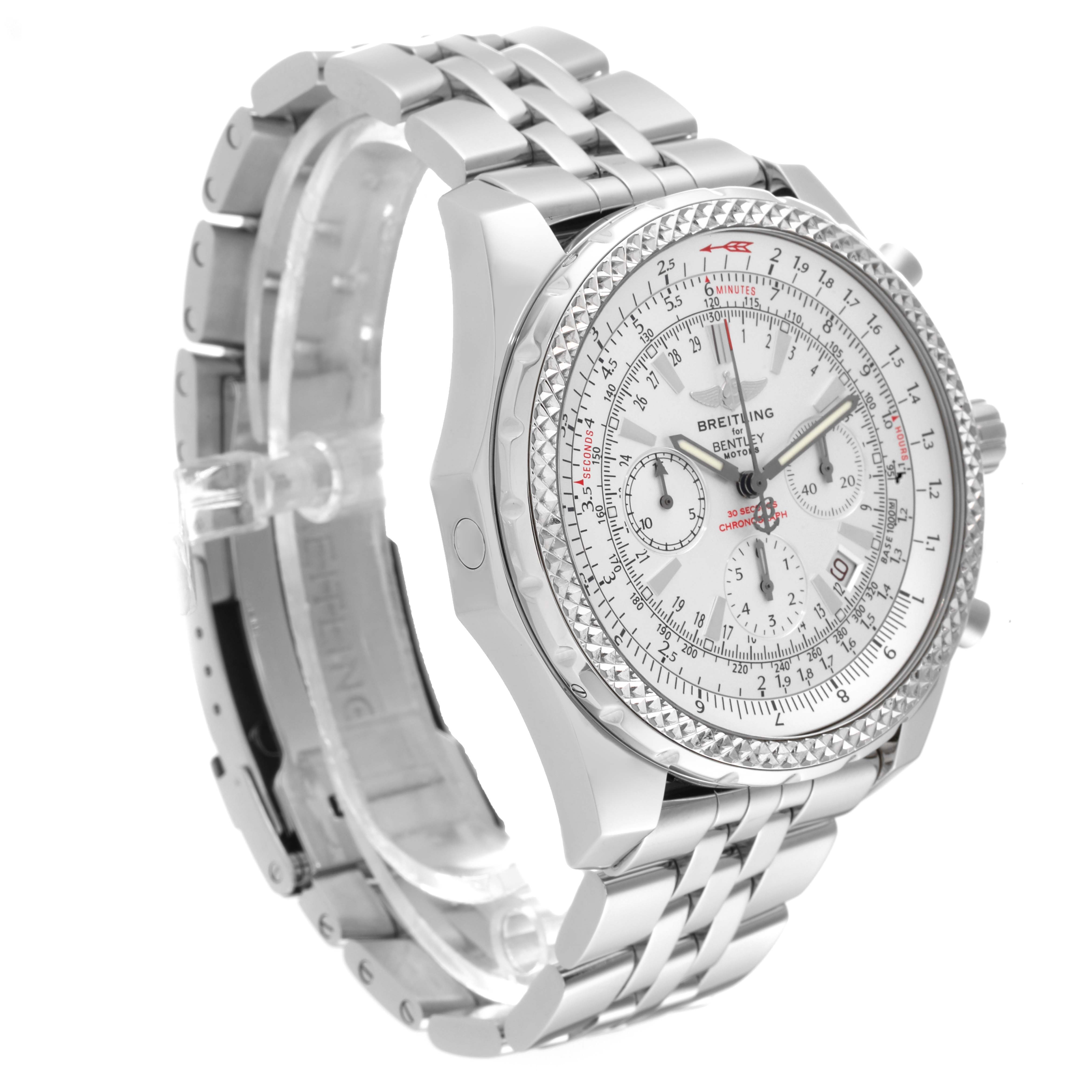 The image shows a Breitling Bentley A25362 Men's Stainless Steel Silver Dial A25362 Men's Stainless Steel Silver Dial watch at an angle highlighting the dial, bezel, bracelet, and chronograph pushers.