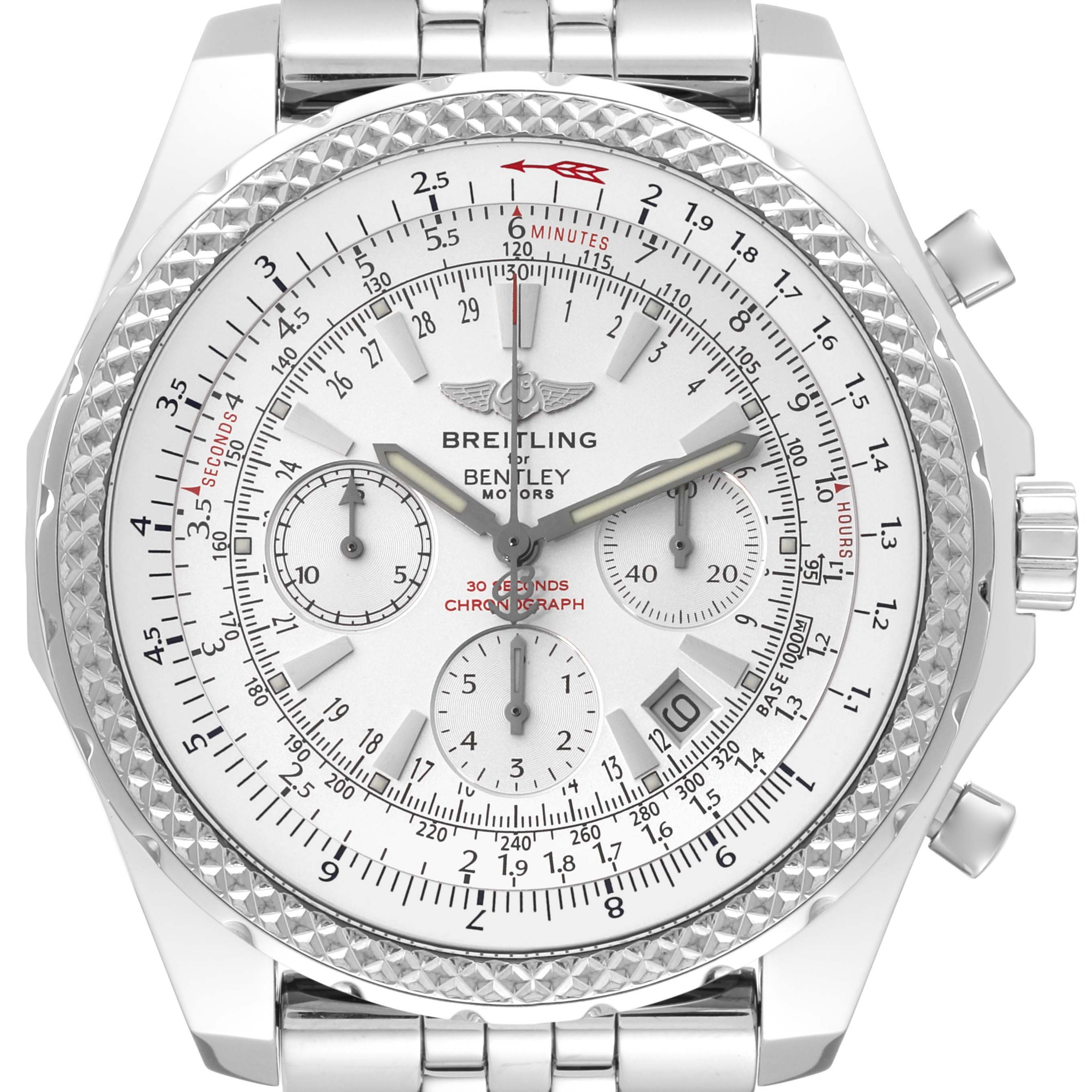 This image shows a front view of a Bentley model by Breitling, highlighting its detailed dial, chronograph subdials, and stainless steel bracelet.