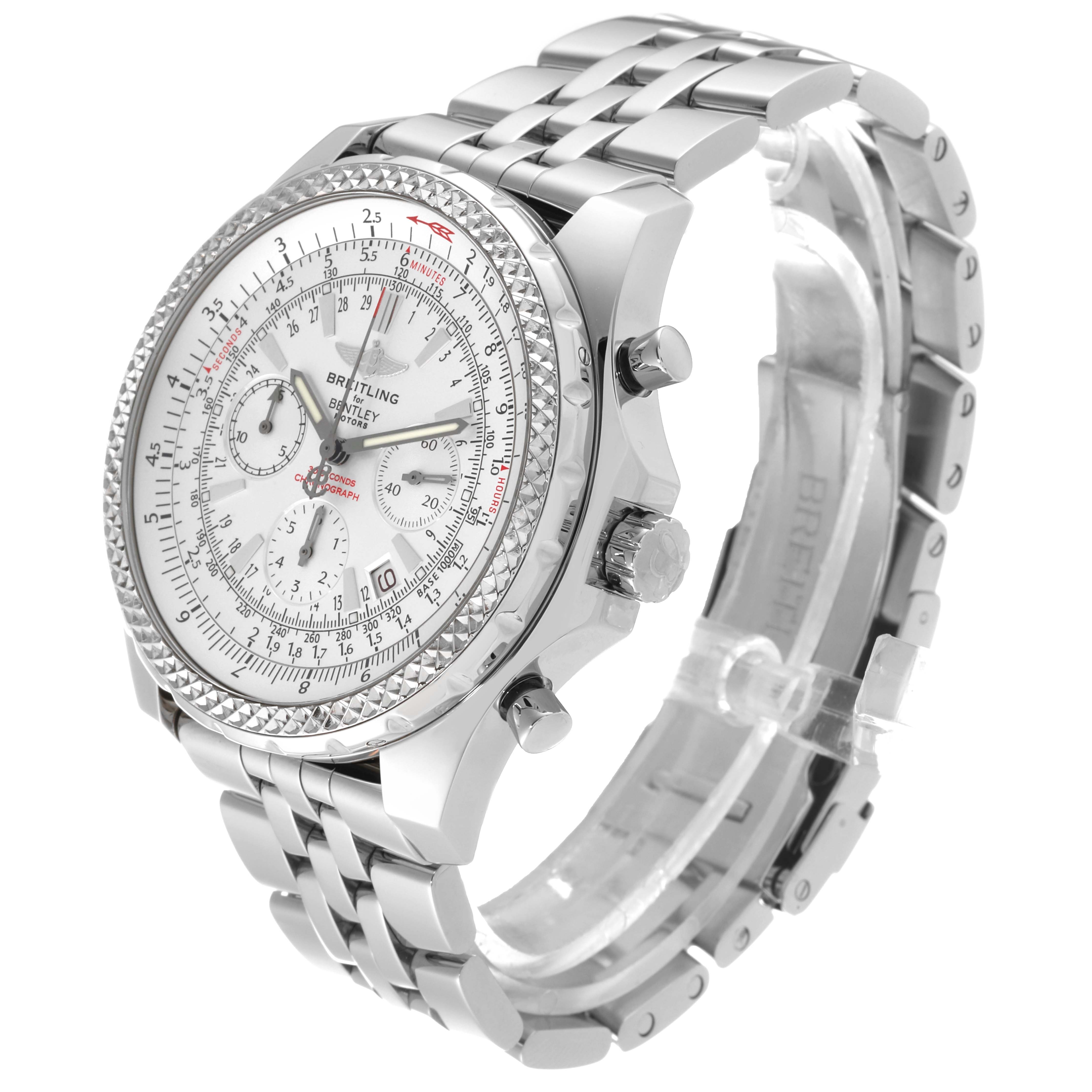The Breitling Bentley A25362 Men's Stainless Steel Silver Dial A25362 Men's Stainless Steel Silver Dial model watch is shown at a three-quarter angle, displaying the watch face, bezel, crown, chronograph buttons, and stainless steel bracelet.