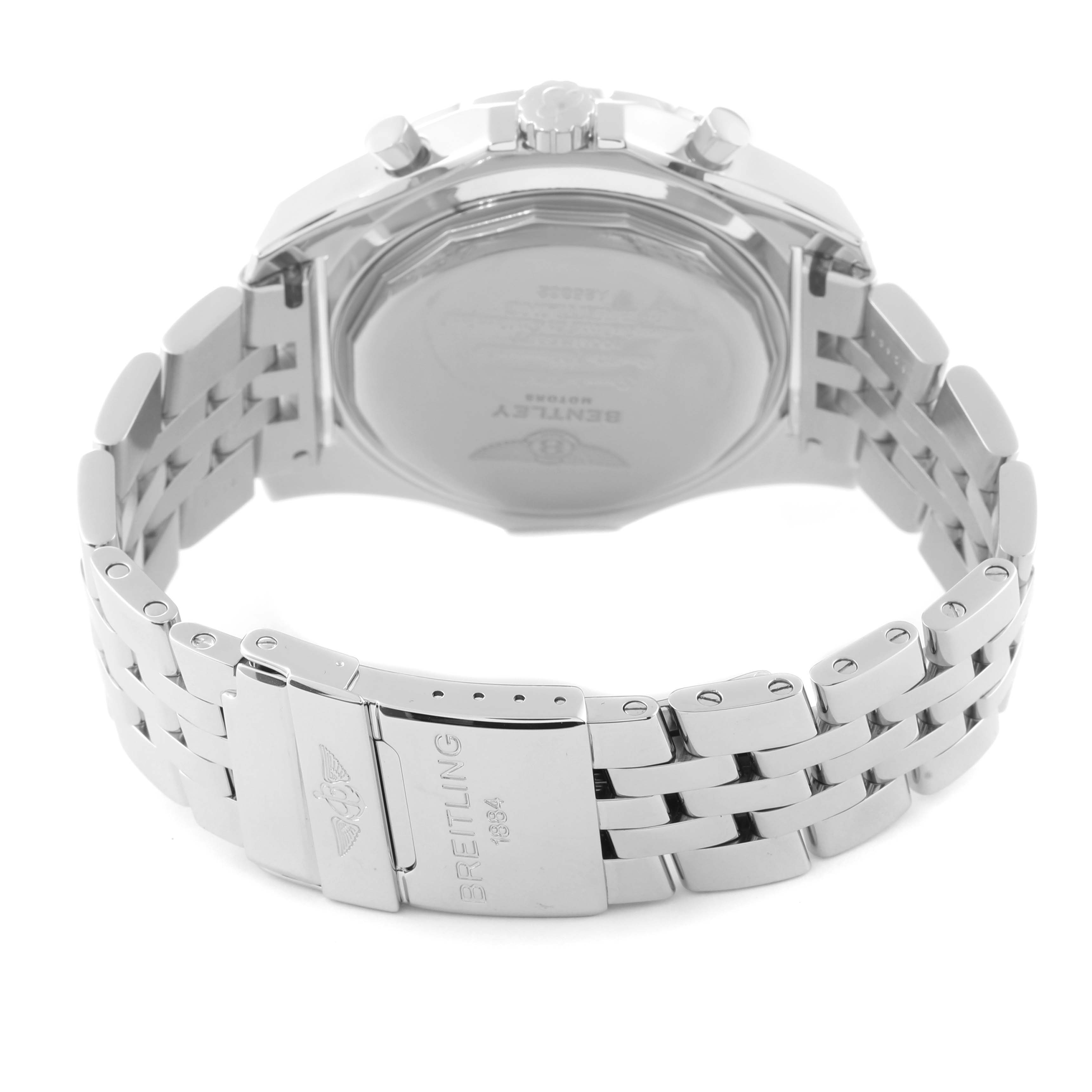 The image shows the back and bracelet of a Breitling Bentley A25362 Men's Stainless Steel Silver Dial A25362 Men's Stainless Steel Silver Dial model watch at an angle highlighting the clasp and case back.