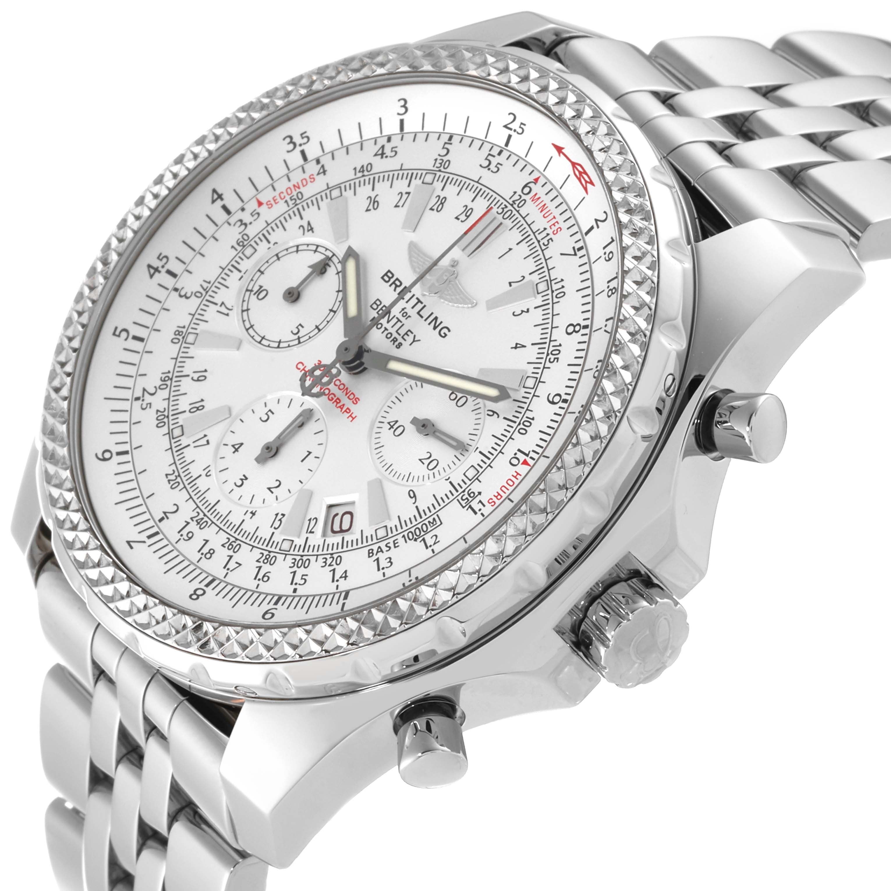 This Bentley model by Breitling is shown at an angled view, highlighting the face, bezel, crown, pushers, and bracelet.
