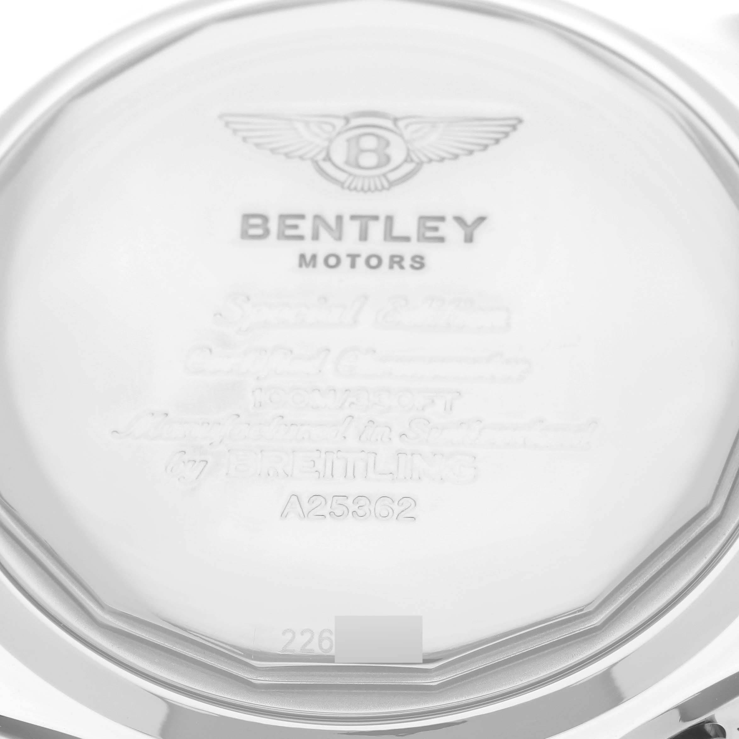 The image shows the back case of the Breitling Bentley A25362 Men's Stainless Steel Silver Dial A25362 Men's Stainless Steel Silver Dial model watch, displaying brand engravings and specifications.