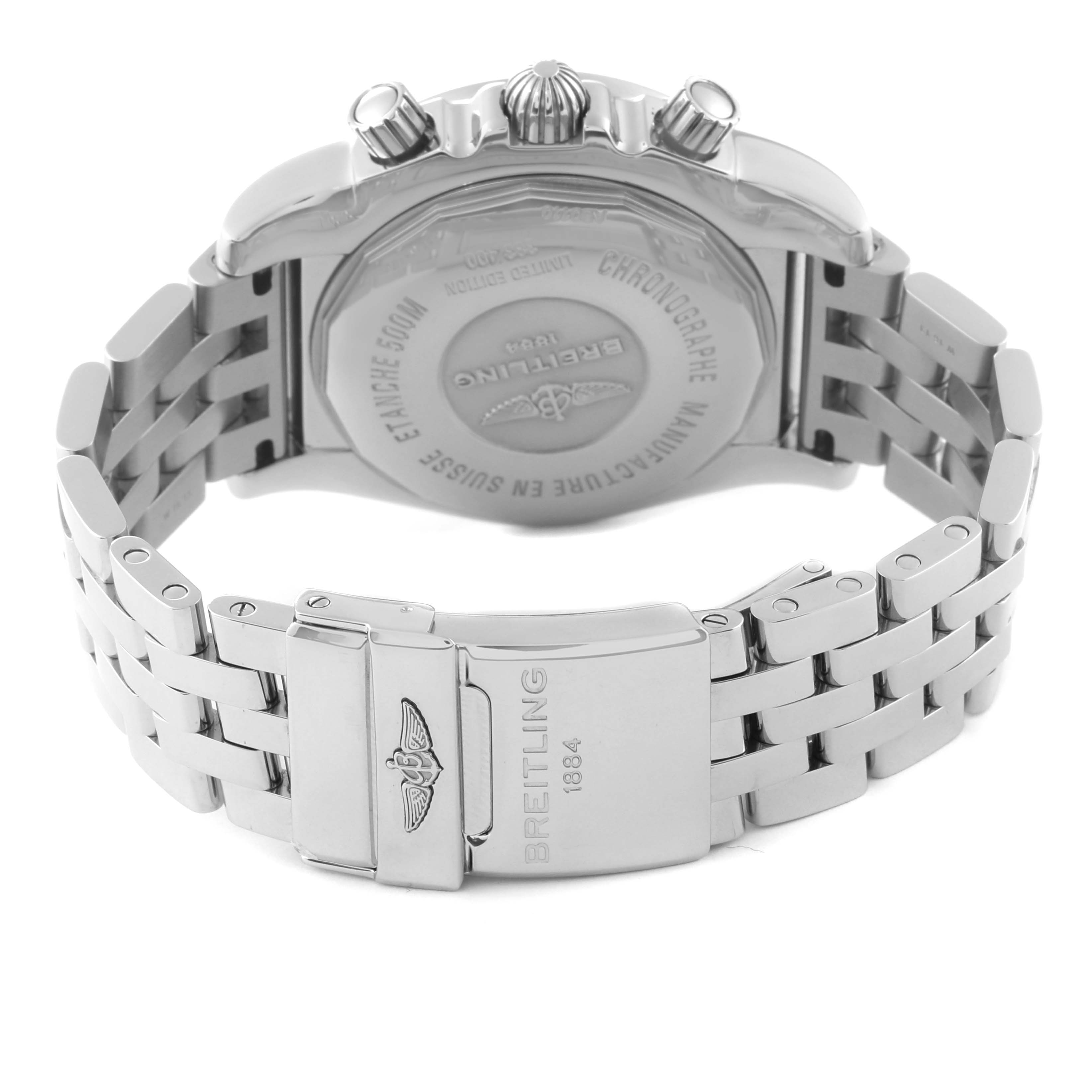 The image shows the back and bracelet of the Breitling Chronomat AB01103C/BC48 Men's Stainless Steel Mother of Pearl Dial AB01103C/BC48 Men's Stainless Steel Mother of Pearl Dial watch, highlighting the clasp and engraved case back.