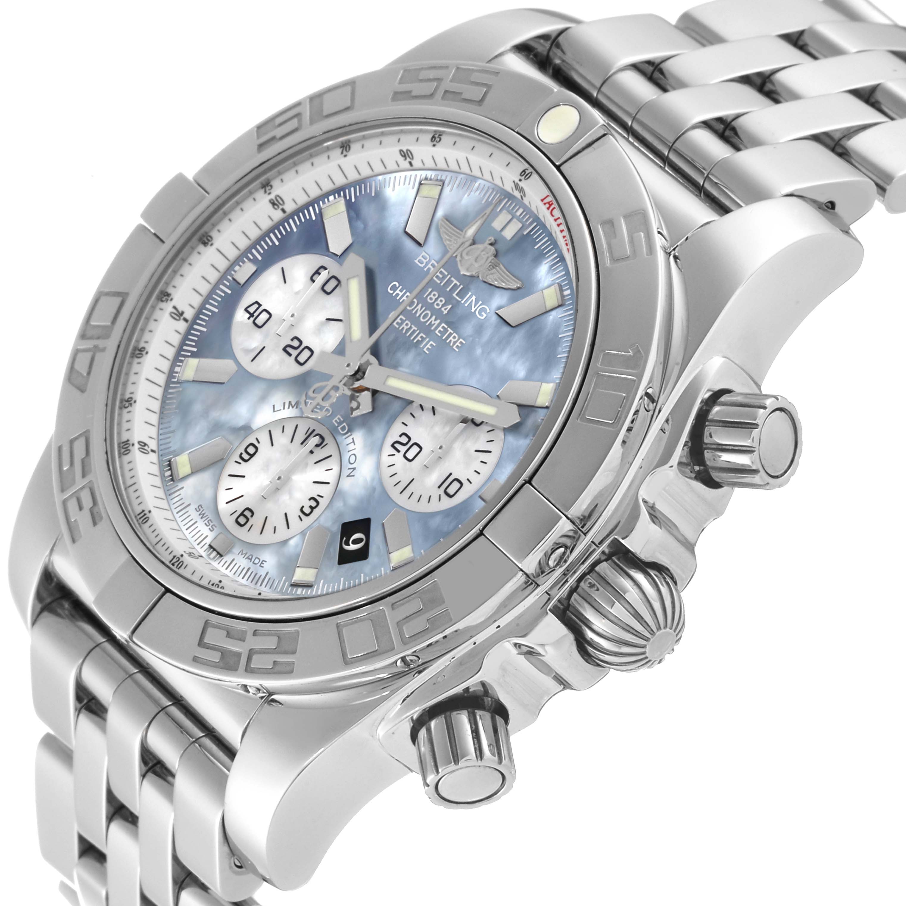 The Breitling Chronomat AB01103C/BC48 Men's Stainless Steel Mother of Pearl Dial AB01103C/BC48 Men's Stainless Steel Mother of Pearl Dial watch is shown from a side-angle view, highlighting the crown, pushers, and part of the bracelet.