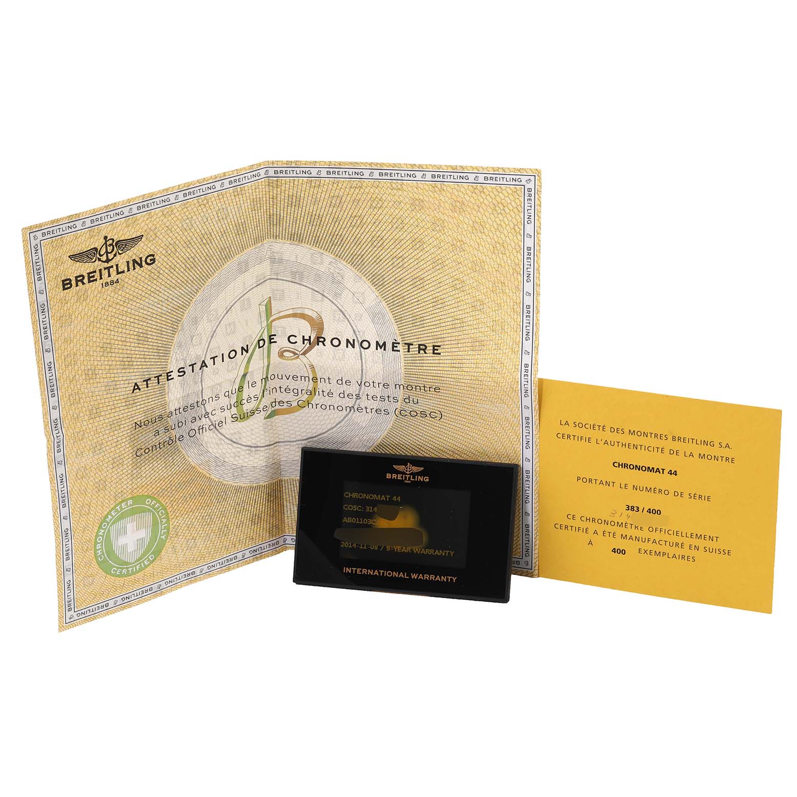 This image shows the certification booklet, an authenticity certificate, and the warranty card for a Breitling Chronomat AB01103C/BC48 Men's Stainless Steel Mother of Pearl Dial AB01103C/BC48 Men's Stainless Steel Mother of Pearl Dial watch model.