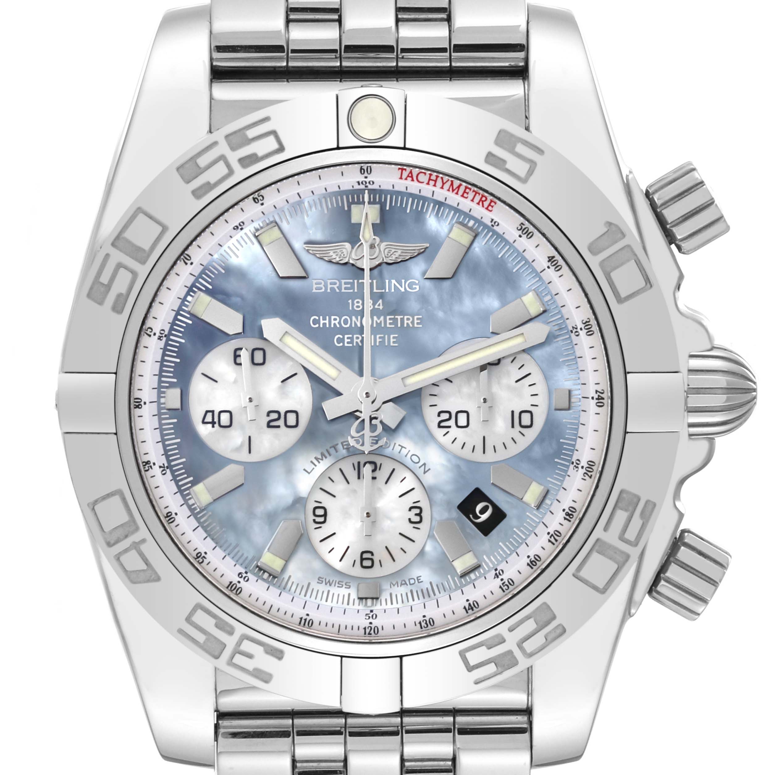 The image shows a front view of the Breitling Chronomat AB01103C/BC48 Men's Stainless Steel Mother of Pearl Dial AB01103C/BC48 Men's Stainless Steel Mother of Pearl Dial watch, highlighting its dial, bezel, and chronograph features.