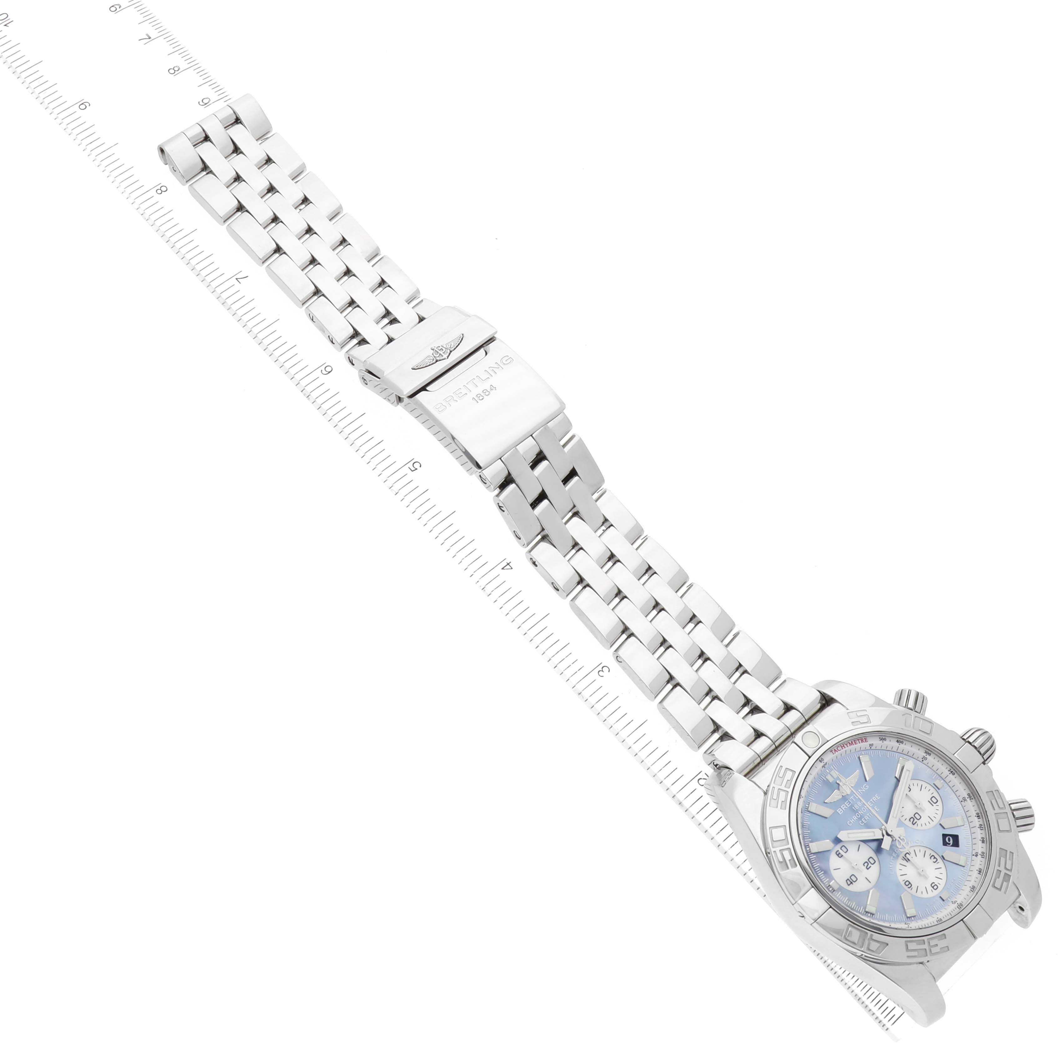 This image shows a Breitling Chronomat AB01103C/BC48 Men's Stainless Steel Mother of Pearl Dial AB01103C/BC48 Men's Stainless Steel Mother of Pearl Dial watch from an angle displaying the face, bracelet, and clasp laid flat.
