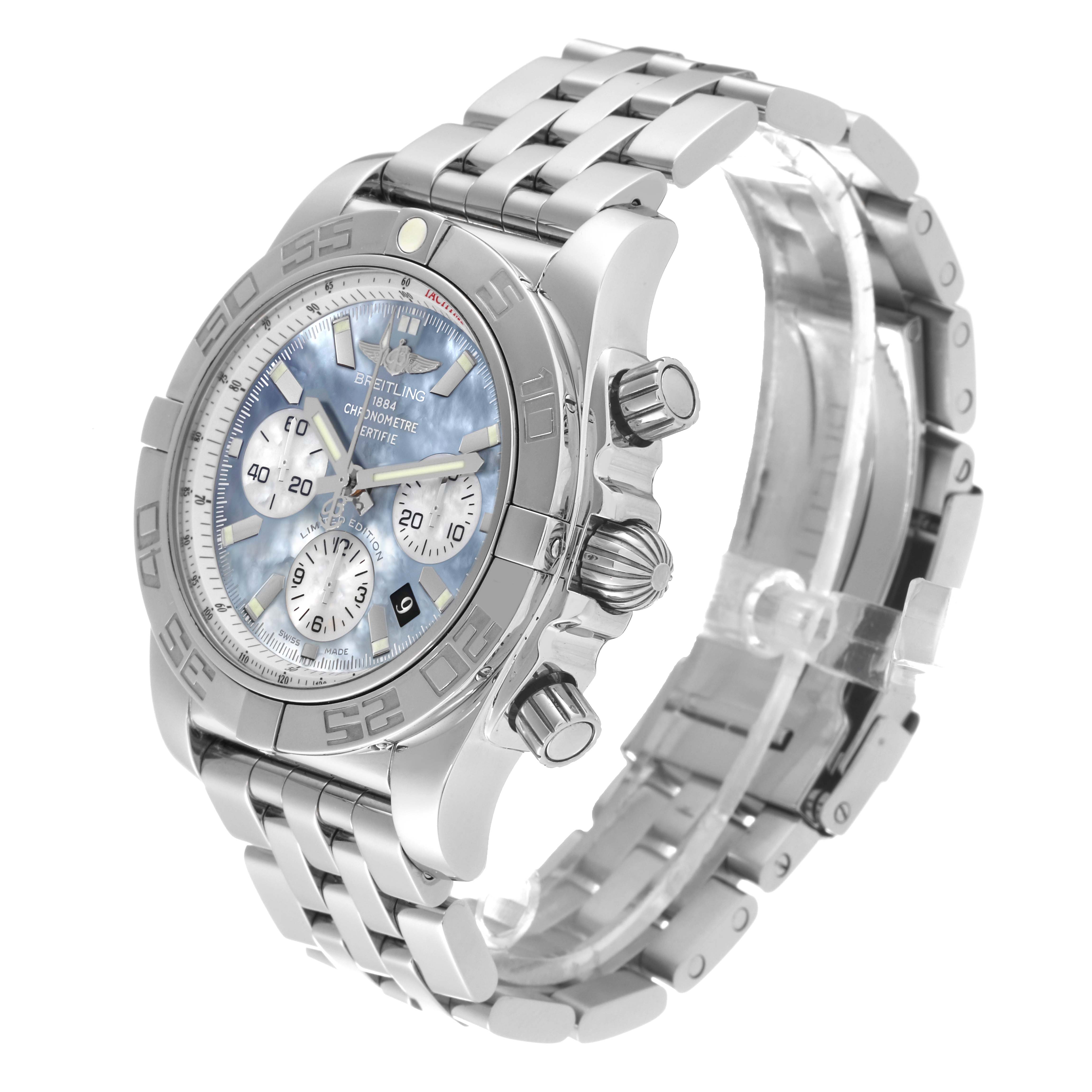 The image shows a side and front angle of a Breitling Chronomat AB01103C/BC48 Men's Stainless Steel Mother of Pearl Dial AB01103C/BC48 Men's Stainless Steel Mother of Pearl Dial watch, highlighting the dial, crown, and bracelet.