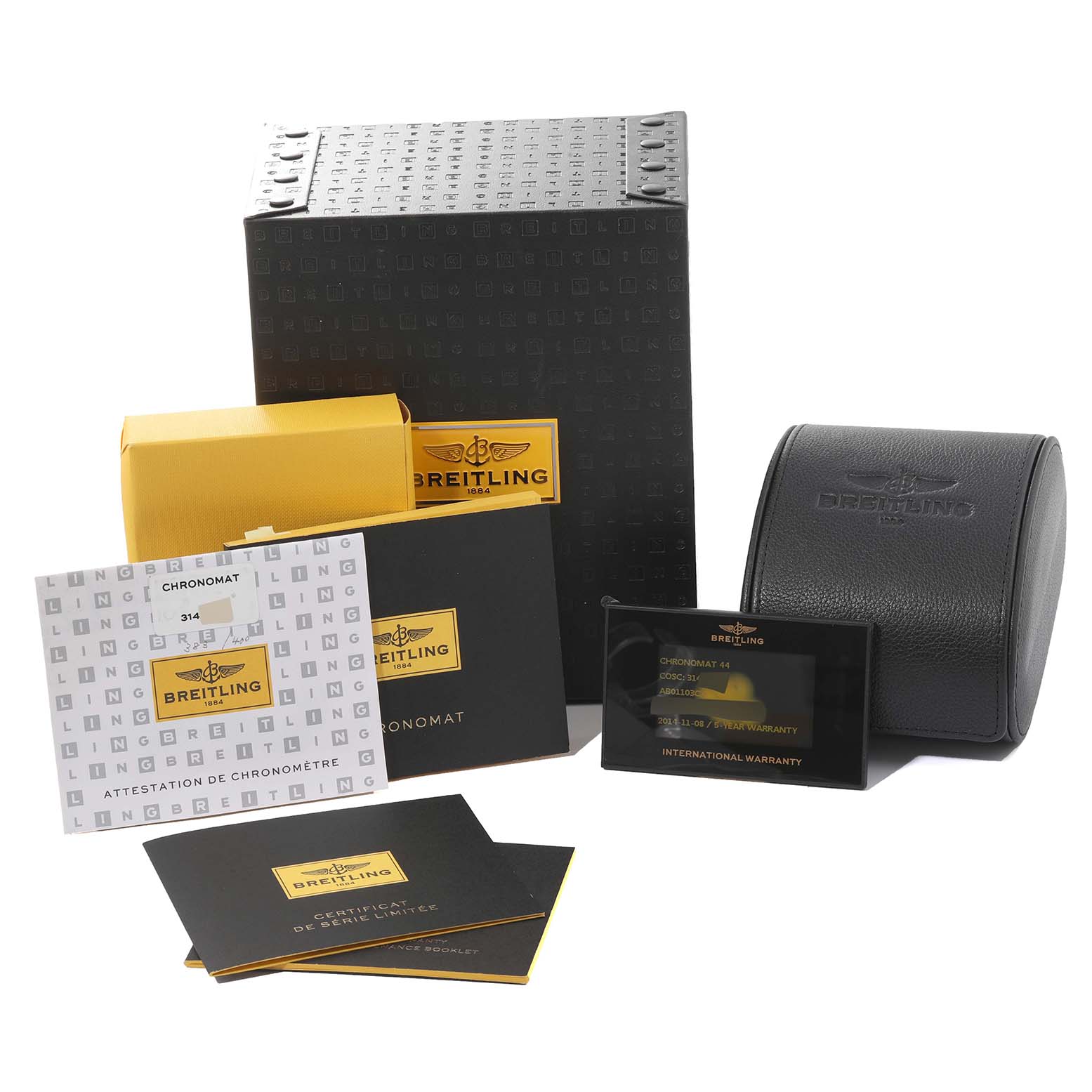 The image shows the packaging, warranty cards, manuals, and a watch case for a Breitling Chronomat AB01103C/BC48 Men's Stainless Steel Mother of Pearl Dial AB01103C/BC48 Men's Stainless Steel Mother of Pearl Dial.