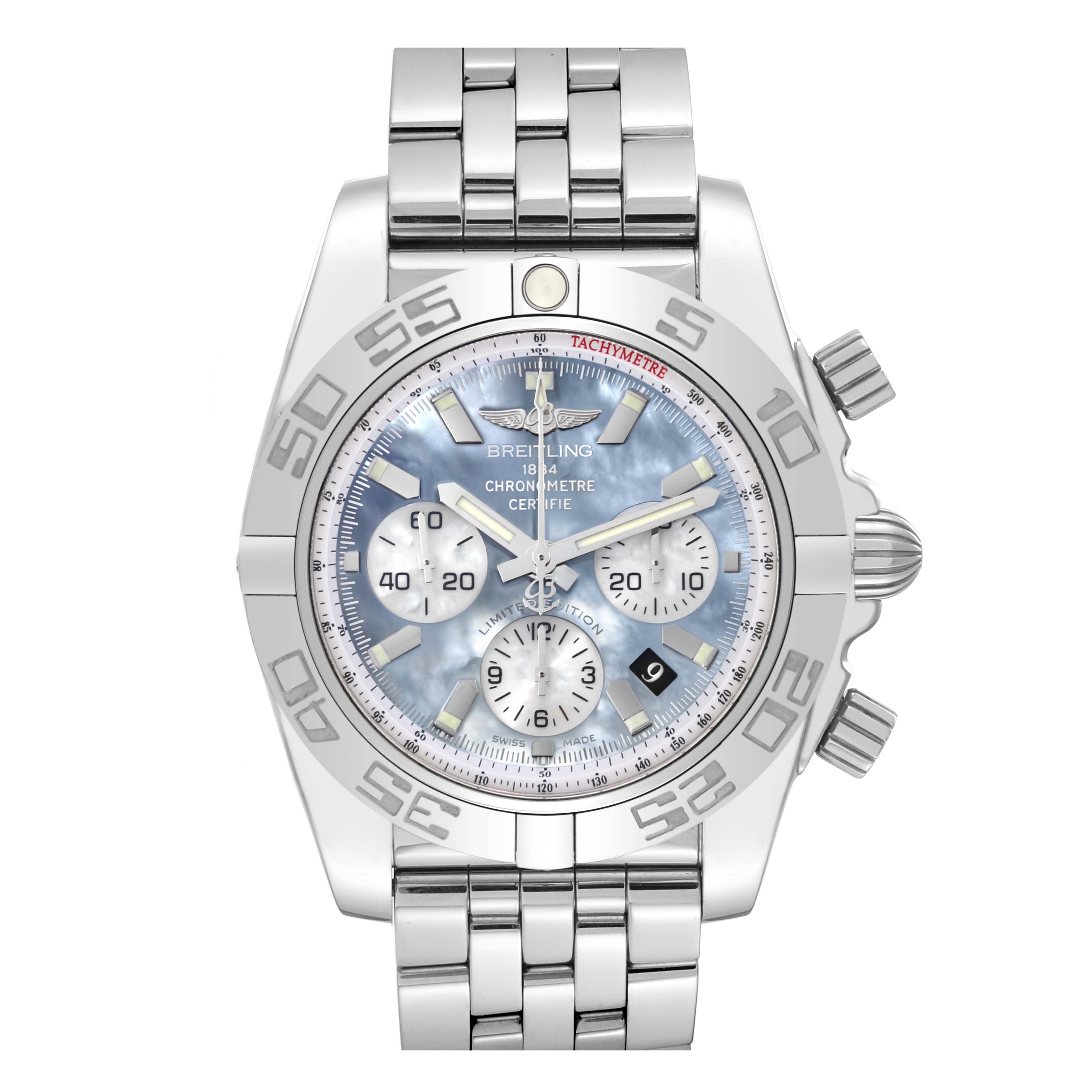 The image shows a straight-on view of the Breitling Chronomat AB01103C/BC48 Men's Stainless Steel Mother of Pearl Dial AB01103C/BC48 Men's Stainless Steel Mother of Pearl Dial watch, highlighting its face, bezel, and metal bracelet.