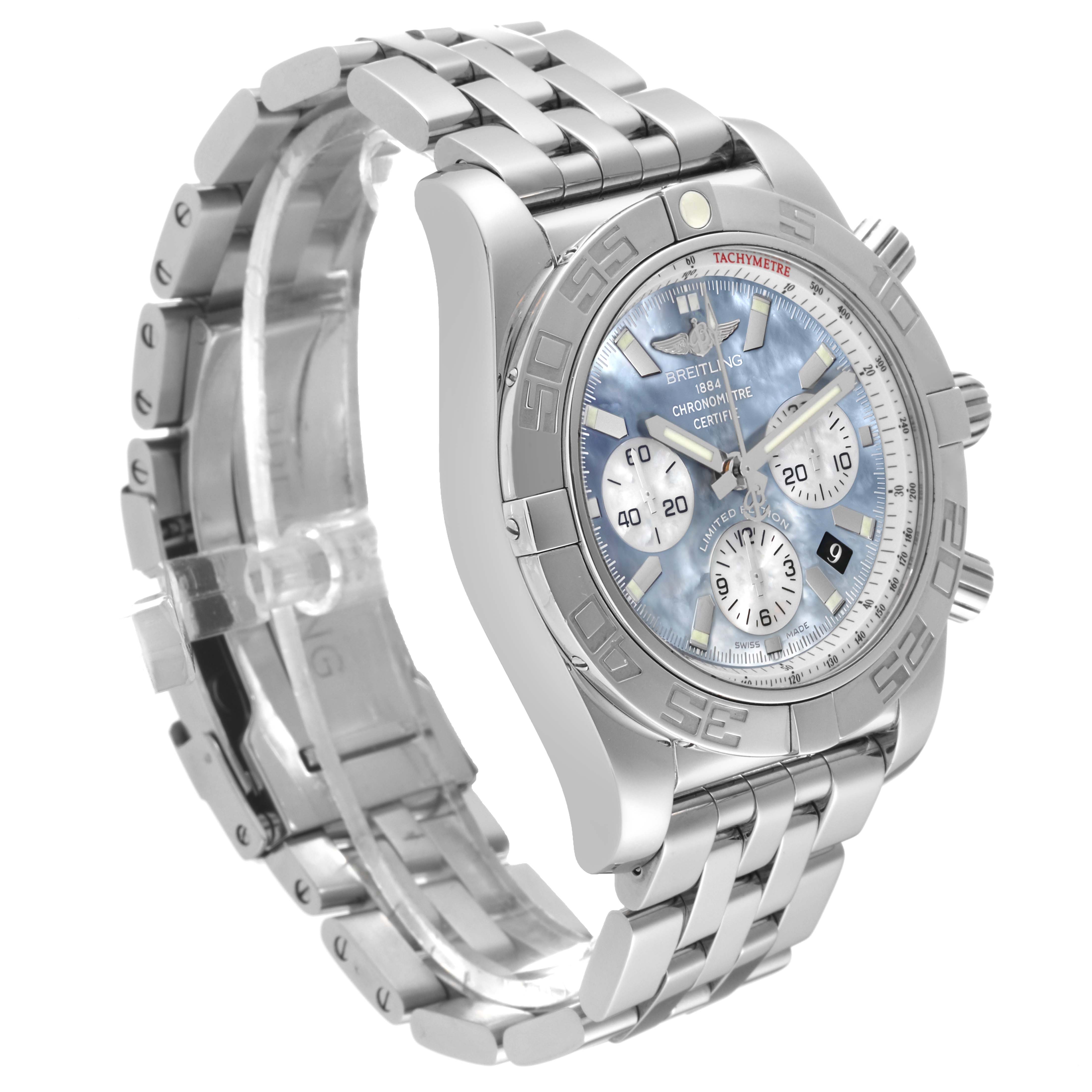 The Breitling Chronomat AB01103C/BC48 Men's Stainless Steel Mother of Pearl Dial AB01103C/BC48 Men's Stainless Steel Mother of Pearl Dial watch is shown at a 3/4 angle highlighting the face, bezel, and partially open metal bracelet.