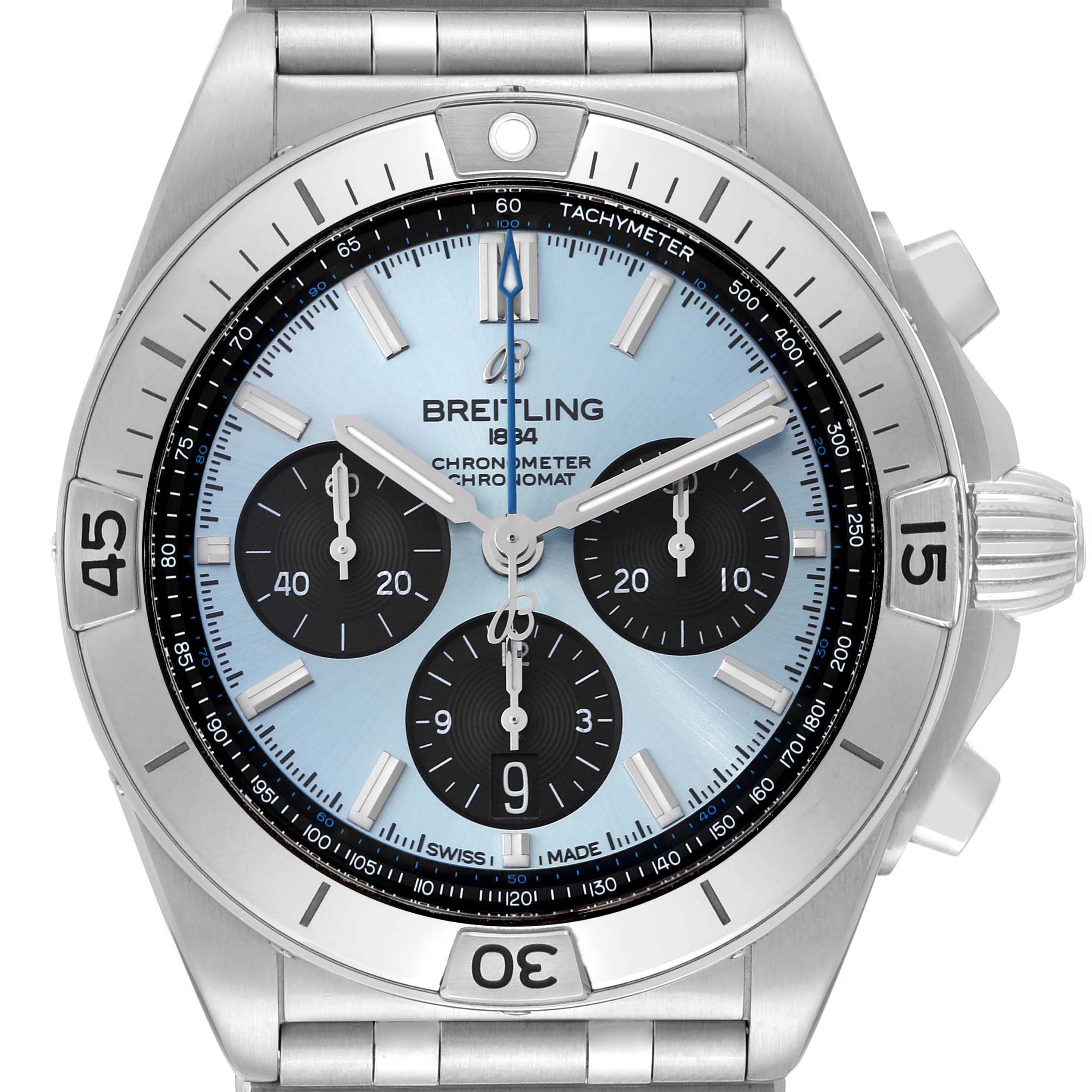 The image shows a front view of a Breitling Chronomat PB0134101C1S1 Men's Stainless Steel Blue Dial PB0134101C1S1 Men's Stainless Steel Blue Dial watch, displaying its face, bezel, and part of the metal bracelet.