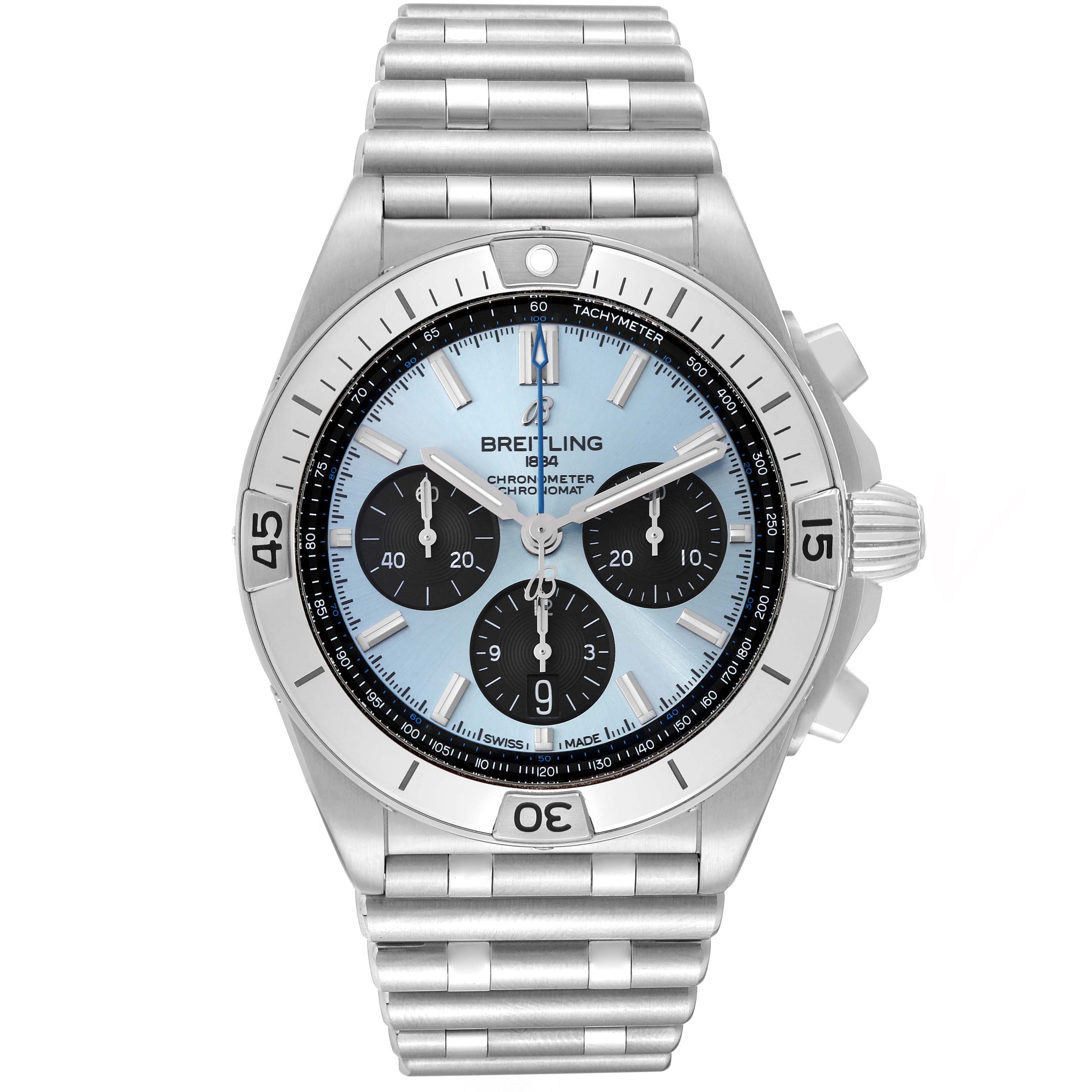 The image displays a front view of the Breitling Chronomat PB0134101C1S1 Men's Stainless Steel Blue Dial PB0134101C1S1 Men's Stainless Steel Blue Dial watch, showcasing the dial, bezel, crown, and integrated bracelet.